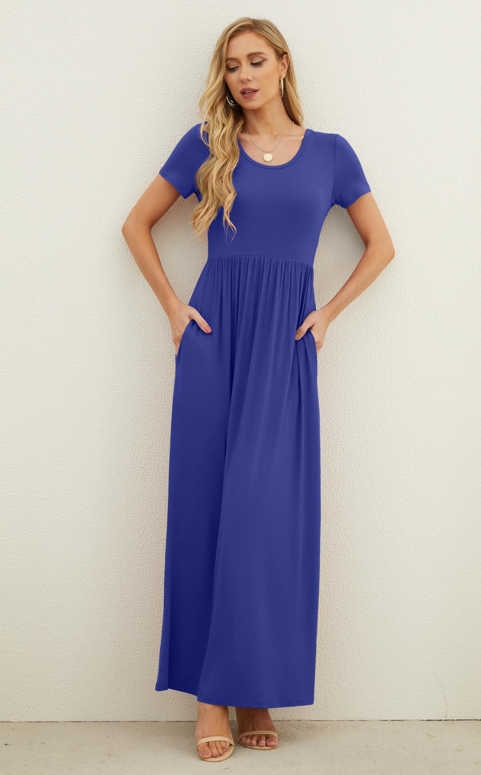 GRECERELLE Womens Summer Maxi Dress Boho Floral Cocktail Midi Polka Dot Wrap Dresses V Neck Casual Party Bohemian Flowy Long Dress for Ladies | Vestido largo casual de manga corta con cuello en V y bolsillo
