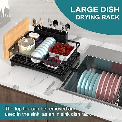 Miniatura 2 de CASRUNCLO Escurridor de platos con escurridor escurridor de platos a prueba de óxido para encimera de cocina escurridor de platos de 2 niveles con