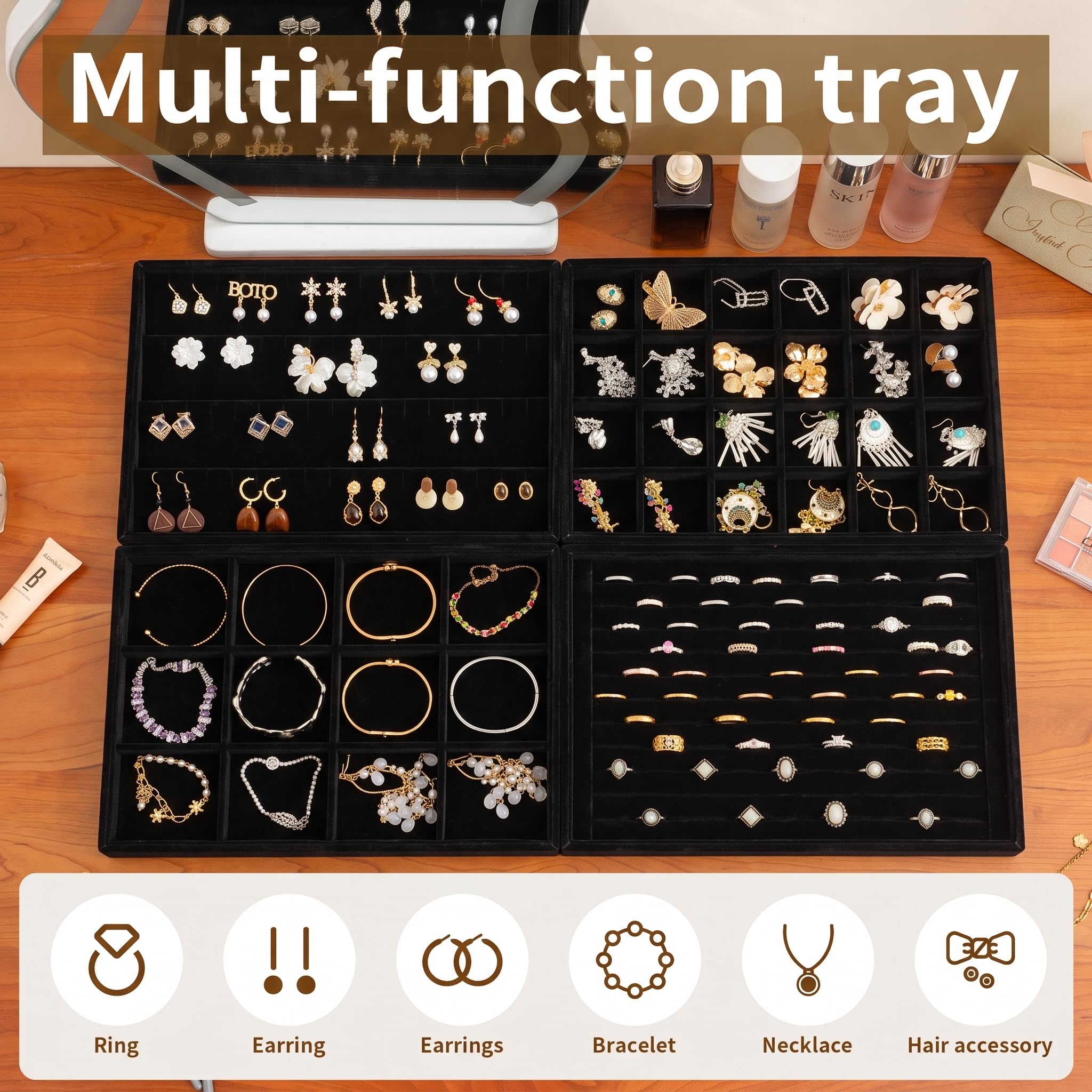 Frebeauty Stackable Velluto Gioielli Organizzatore Vassoi per Cassetti Inserti Gioielli Storage Vassoio Display Caso, Orecchini Stud Bracciali Collana Anelli Accessori Vassoi per Donne(Set di 4,Nero)