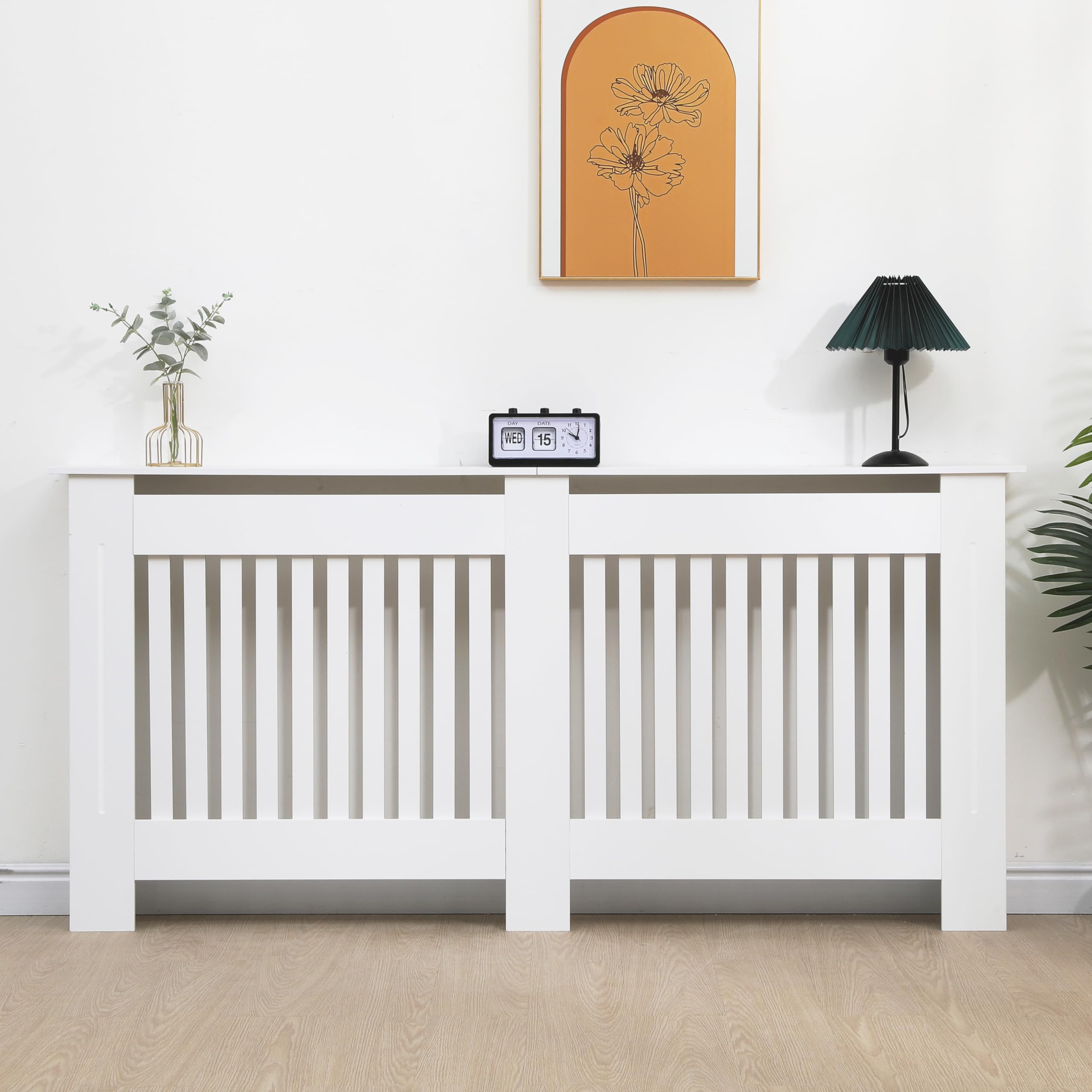 Vivo Technologies Radiator Cover White Modern Horizontal Slats, Extra Large XL Radiator Cover Grill Shelf Cabinet MDF Wood Decorative Heater Cover,White,W 172 x H 82 x D 19 cm
