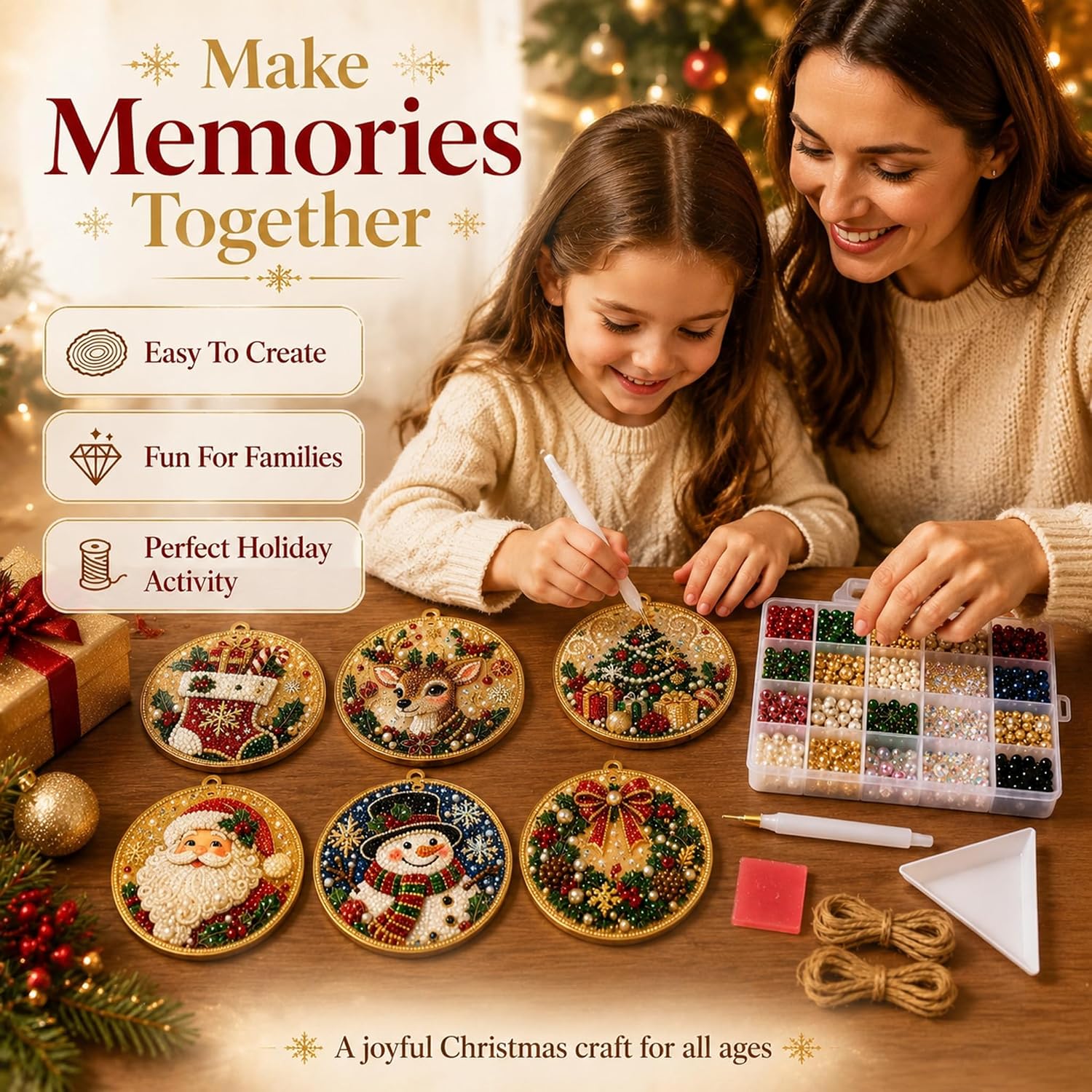 6PCS Christmas Wooden Ornaments DIY Diamond Painting Kit,Pearl Diamond Art Kits for Adults, Pearl and Special-Shaped Gem Craft Set with Twine for Tree and Window Decor
