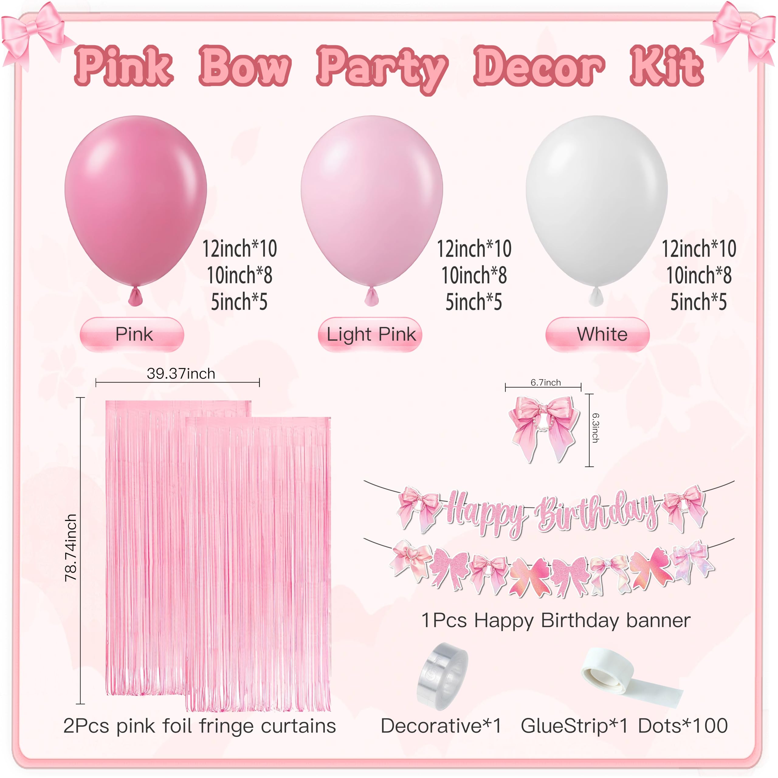 Pink Bow Party Decorations Kit - Photo Booth Props For Girls Birthday & Baby Shower Supplies