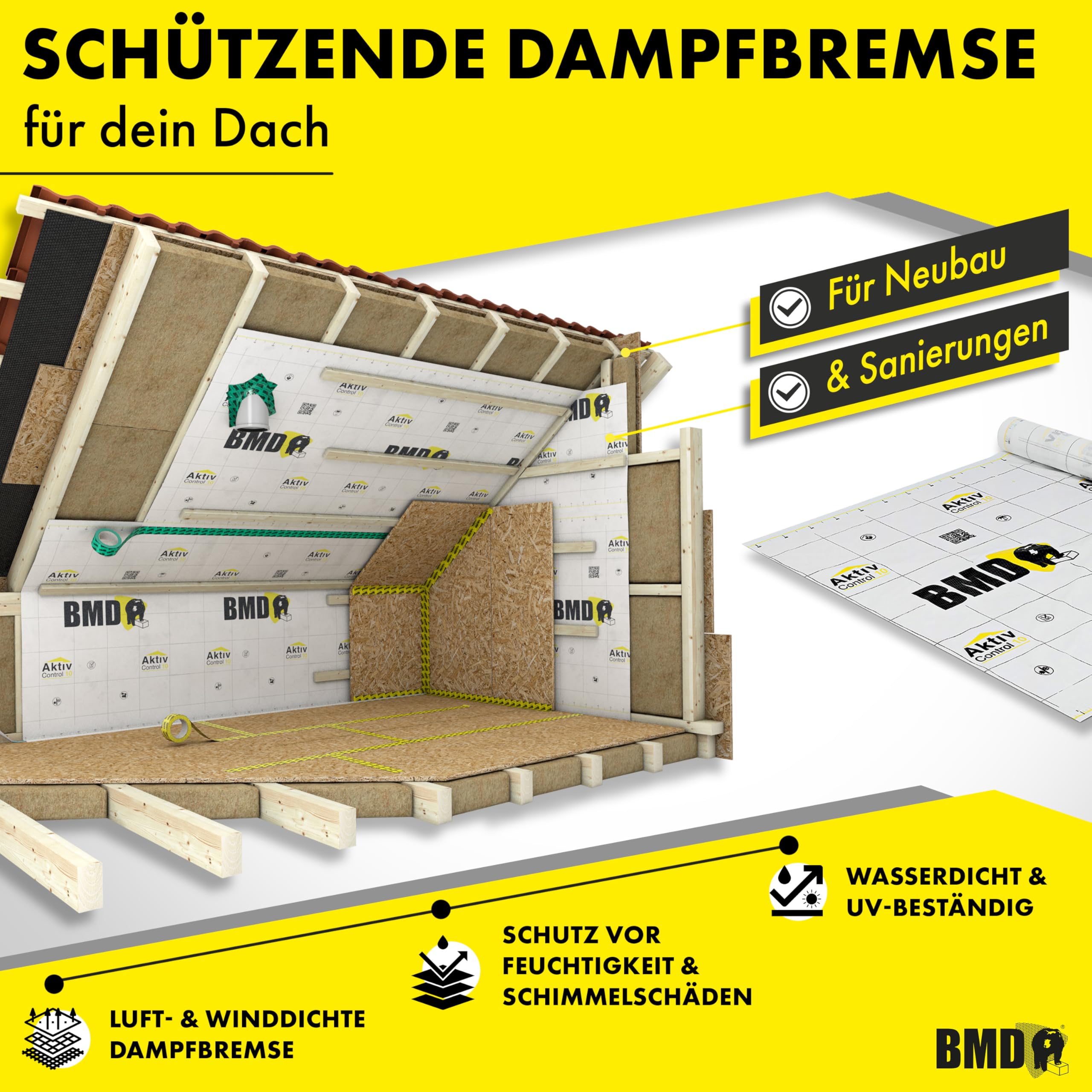 BMD Aktiv Control Dampfbremse | 1,5m x 20m | 30 m² | diffusionsfähige Dampfbremsfolie | gemäß DIN 4108 und ENEV | Neubau | Sanierung