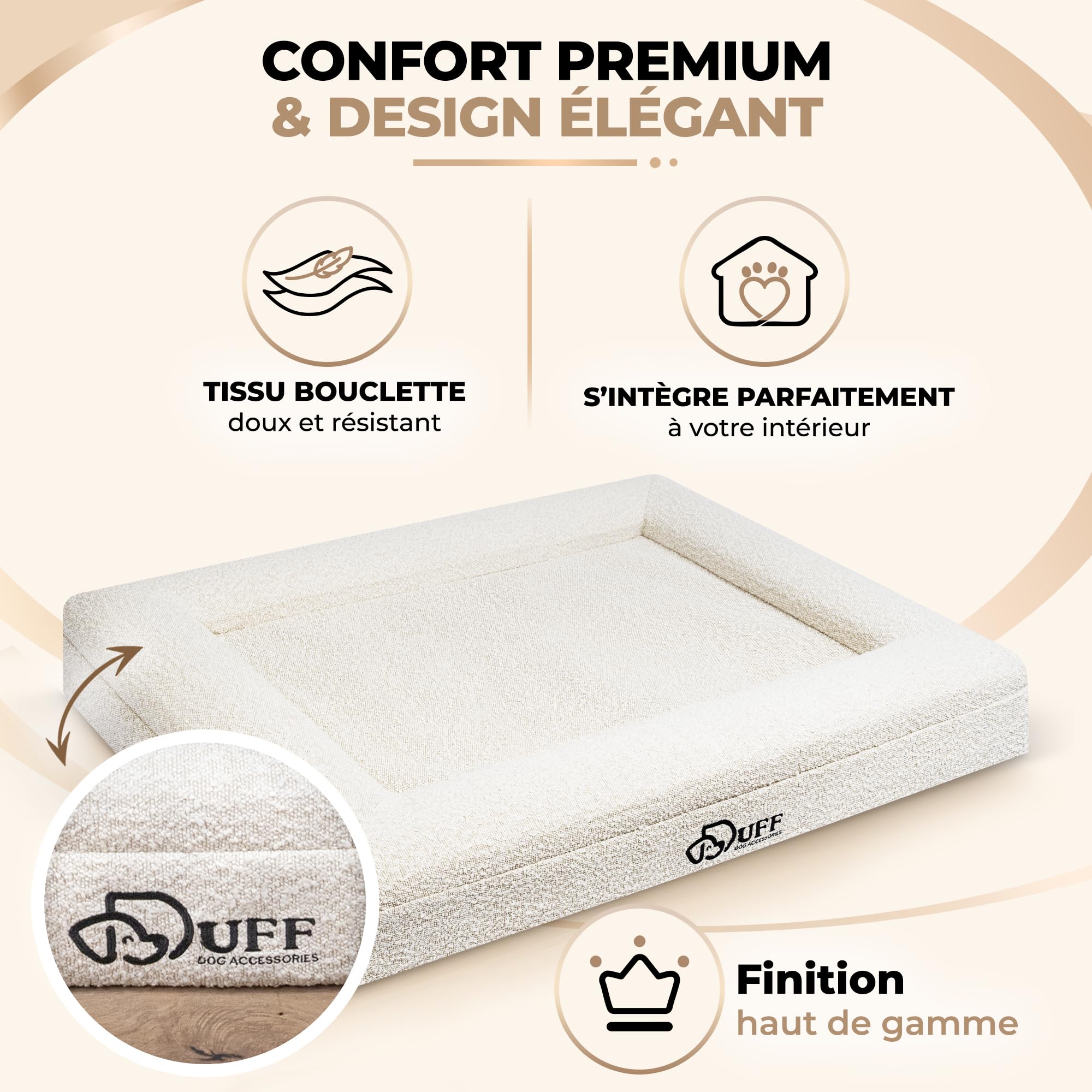 Duff® Lit Orthopédique Chien Grande Taille L (115x90 cm) – Matelas Mémoire de Forme Haute Densité – Tissu Bouclette Premium, Housse Lavable – Confort Durable & Élégant