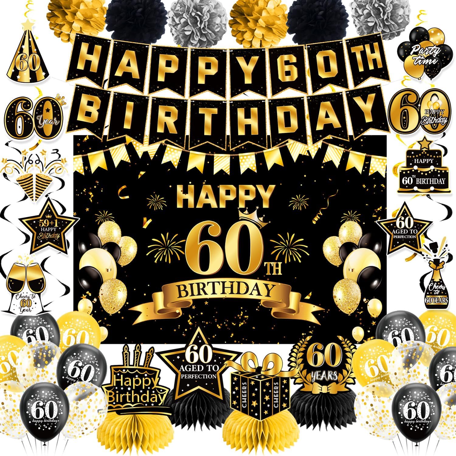 60th Birthday Decorations, Pre-Strung Happy Birthday Banner with Balloons, Backdrop, Honeycomb Centerpieces, Hanging Swirl Streamers, Black Gold Happy Birthday Party Decorations for Men Women