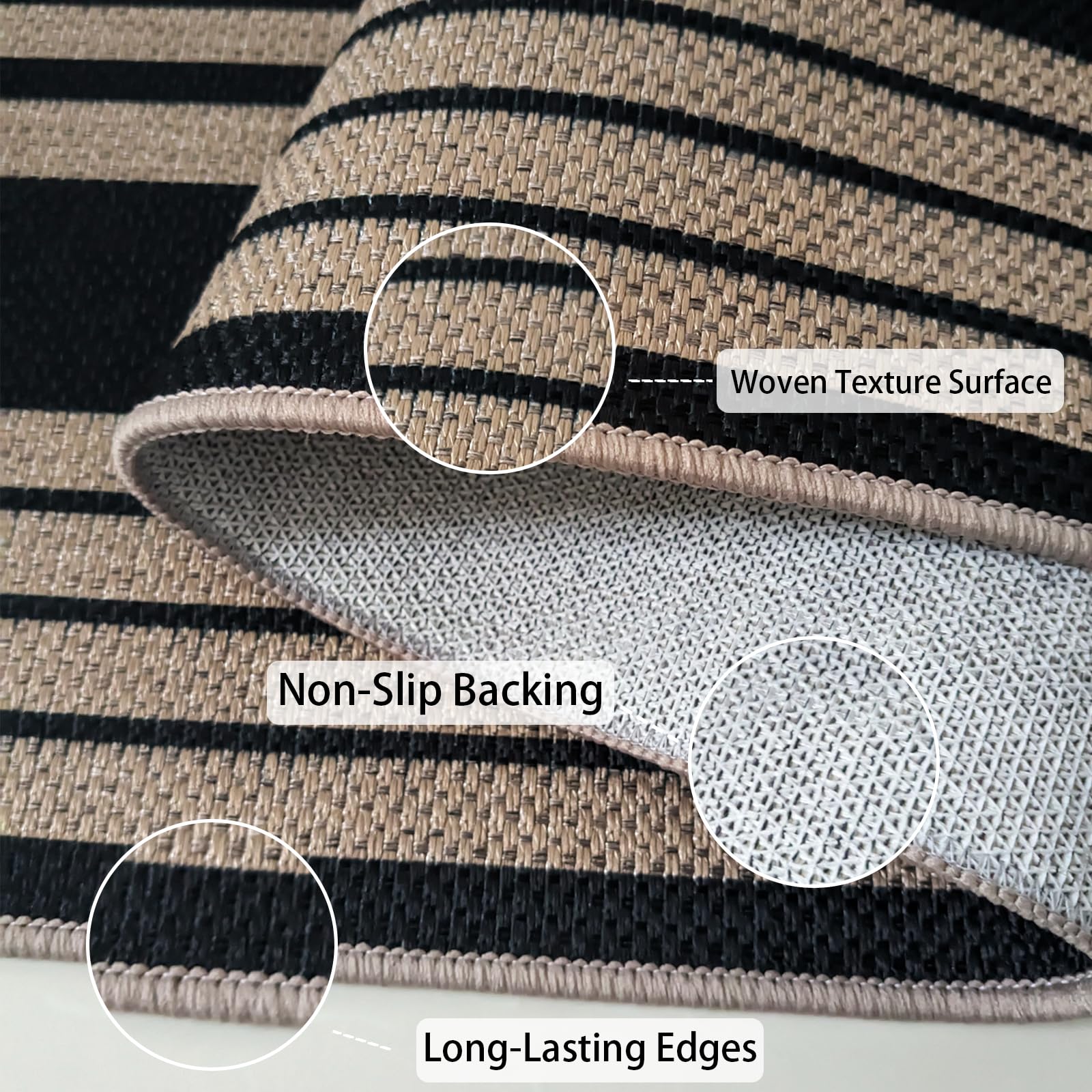 USTIDE Tappeto in iuta a righe, 150 x 200 cm, antiscivolo, lavabile, grande, neutro, per soggiorno, casa colonica, interni ed esterni, nero, per camera da letto, sala da pranzo, patio, cortile