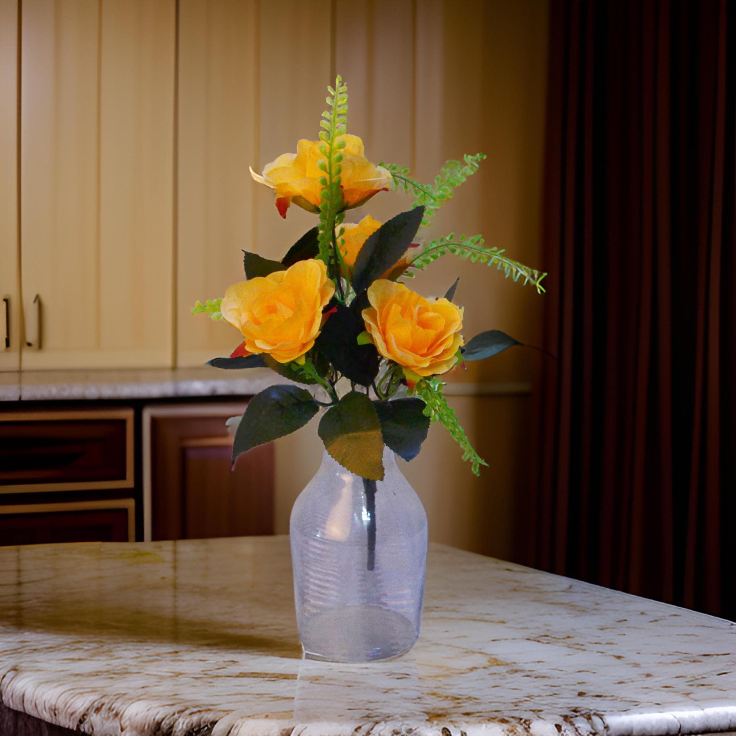 Saikara Collection 1 Pc Artificial 5 Heads Flower Bunch for Vase and Flower Pots (30 cm Each, Yellow) - Home Decor Item for Living Room Centerpiece Table Decorations (Pot Not Included) Fabric