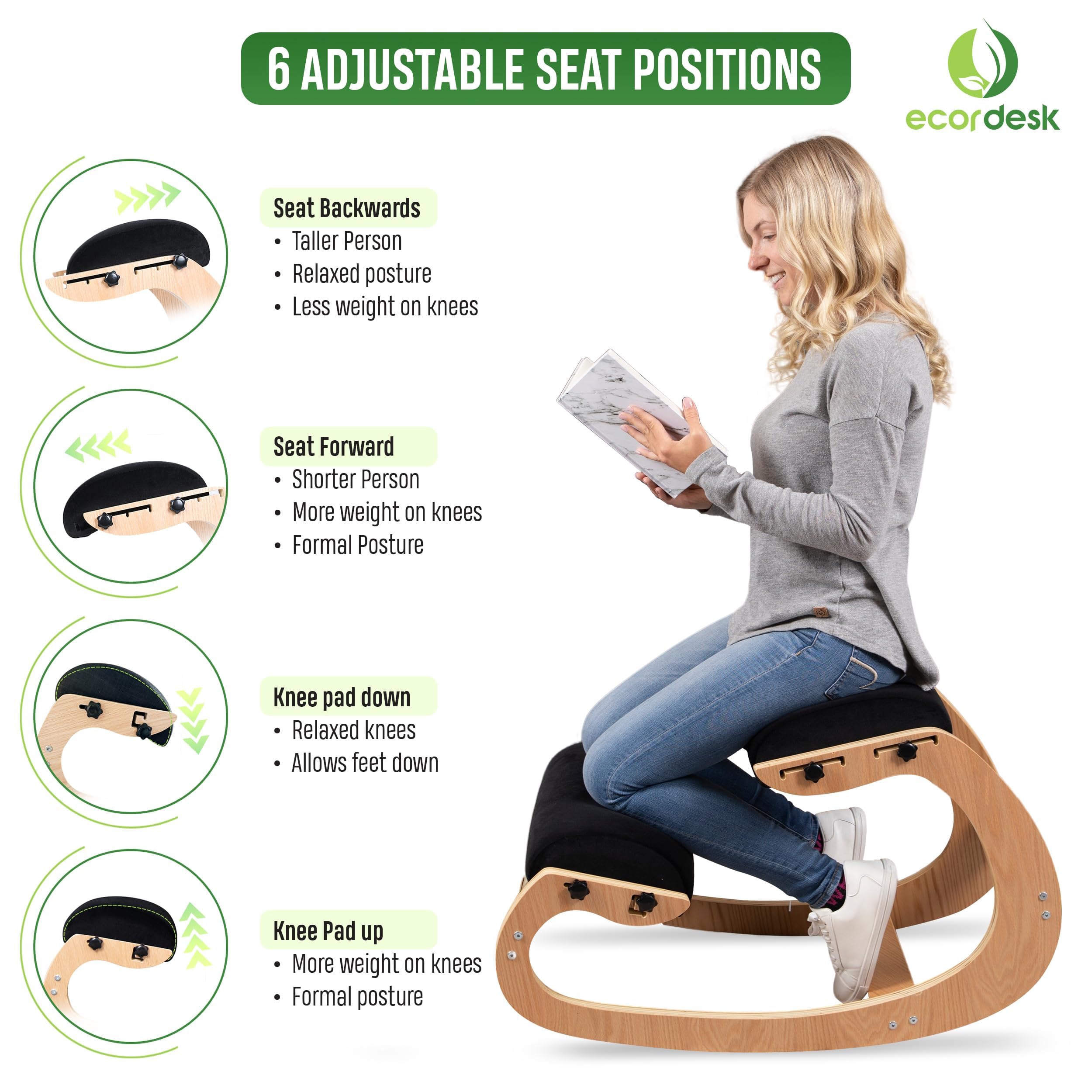 Ergonomischer Kniestuhl, verstellbarer Sitz - Bürostuhl für Schreibtisch, Haltungskorrektur, Premium-Komfortkissen, Schaukelkniestuhl aus Holz (schwarz)