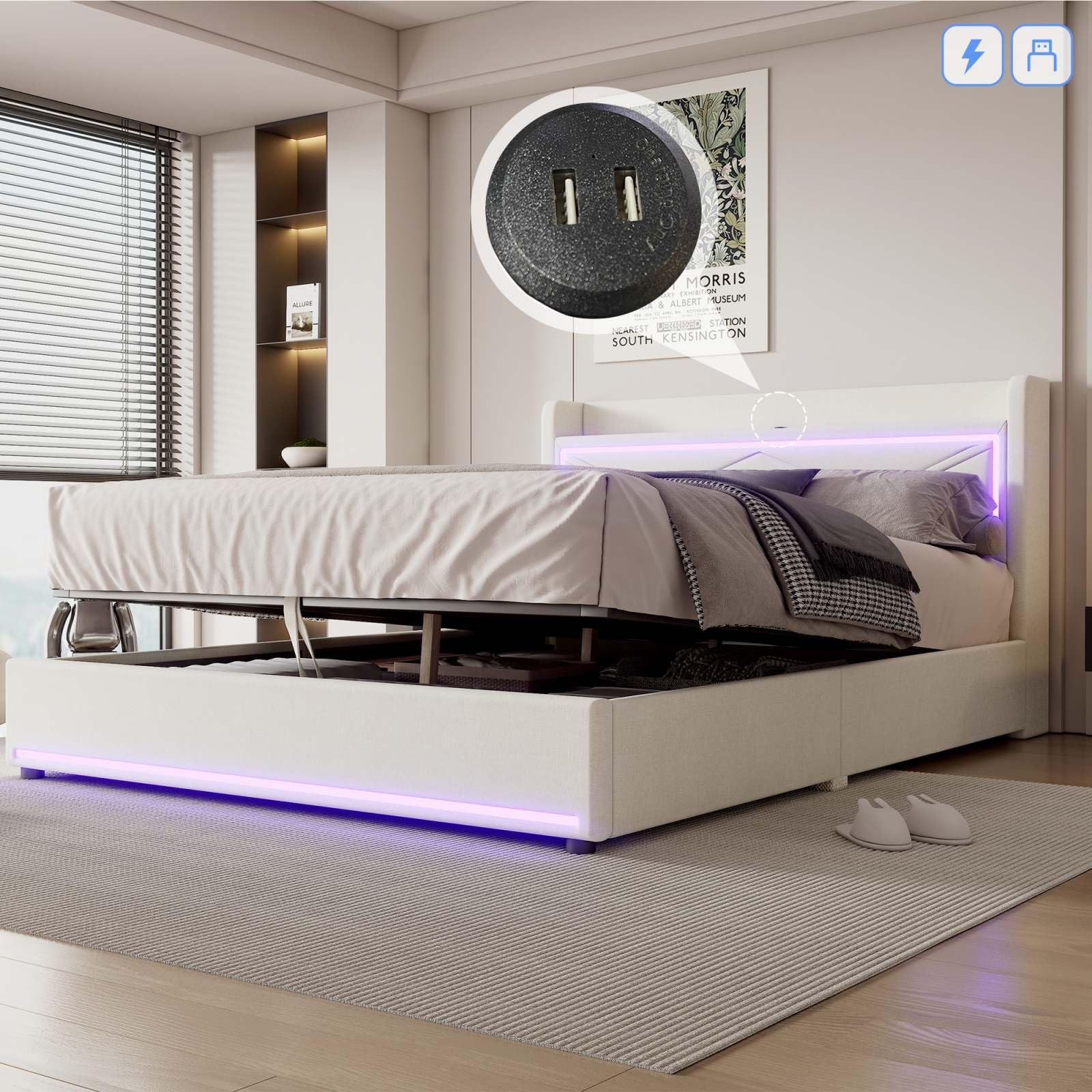 Lit double 140x200cm - MISNODE - Avec liseuse et USB - Espace de
