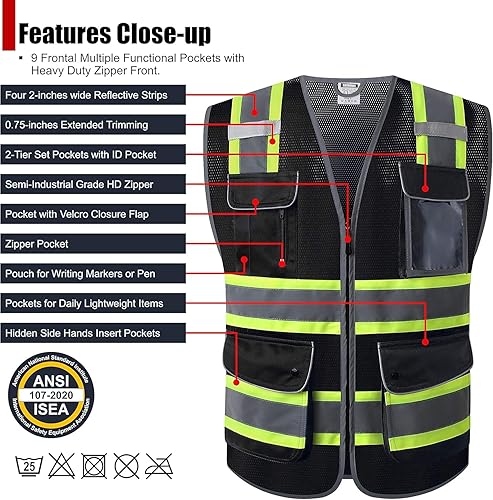 Miniatura 10 de Chalecos de seguridad reflectantes clase 2 retro con 9 bolsillos multifuncionales y cremallera frontal, color amarillo, ANSIISEA 107-2015