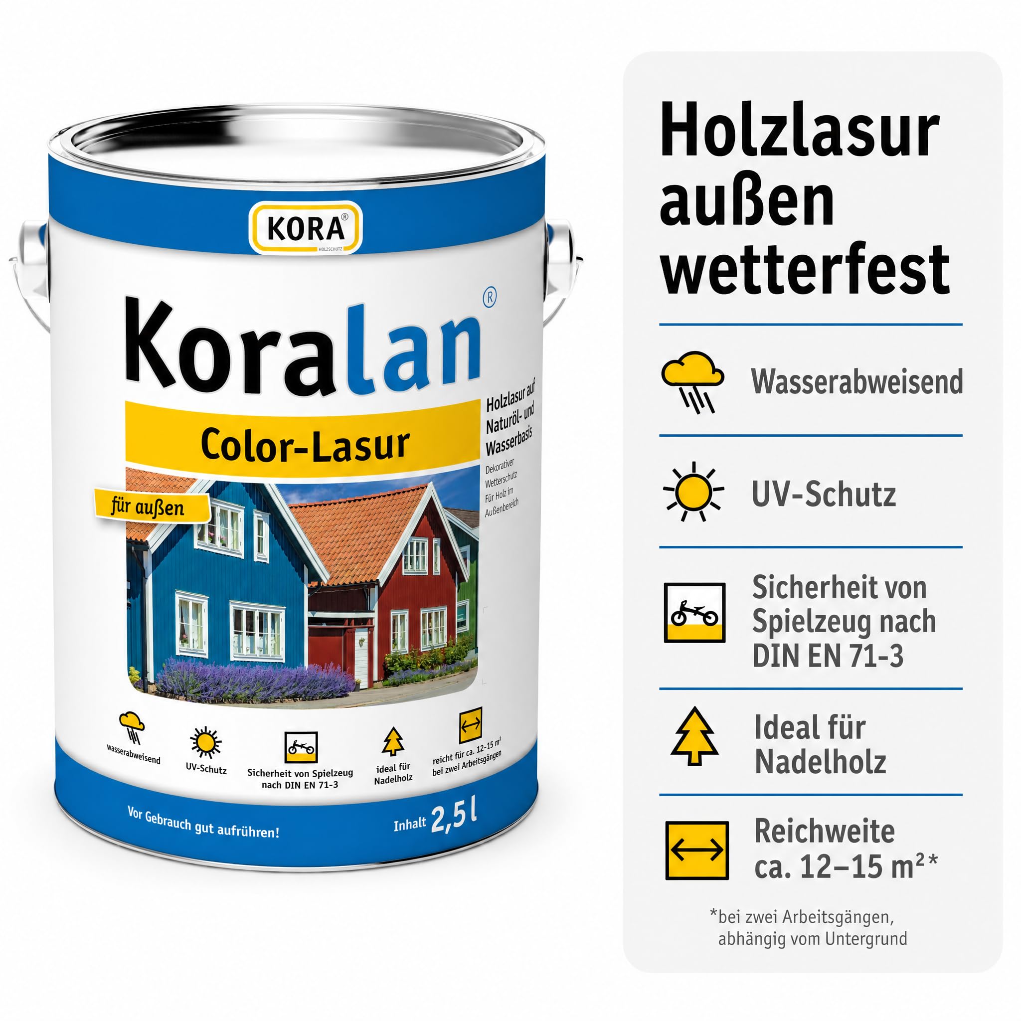 KORA® Koralan® Color-Lasur für Holz im Außenbereich, wetterfeste Holzlasur auf Naturöl- und Wasserbasis, schützt vor Witterungseinflüssen, ideal für Holz im Garten (Schwedenrot, 2,5 Liter)