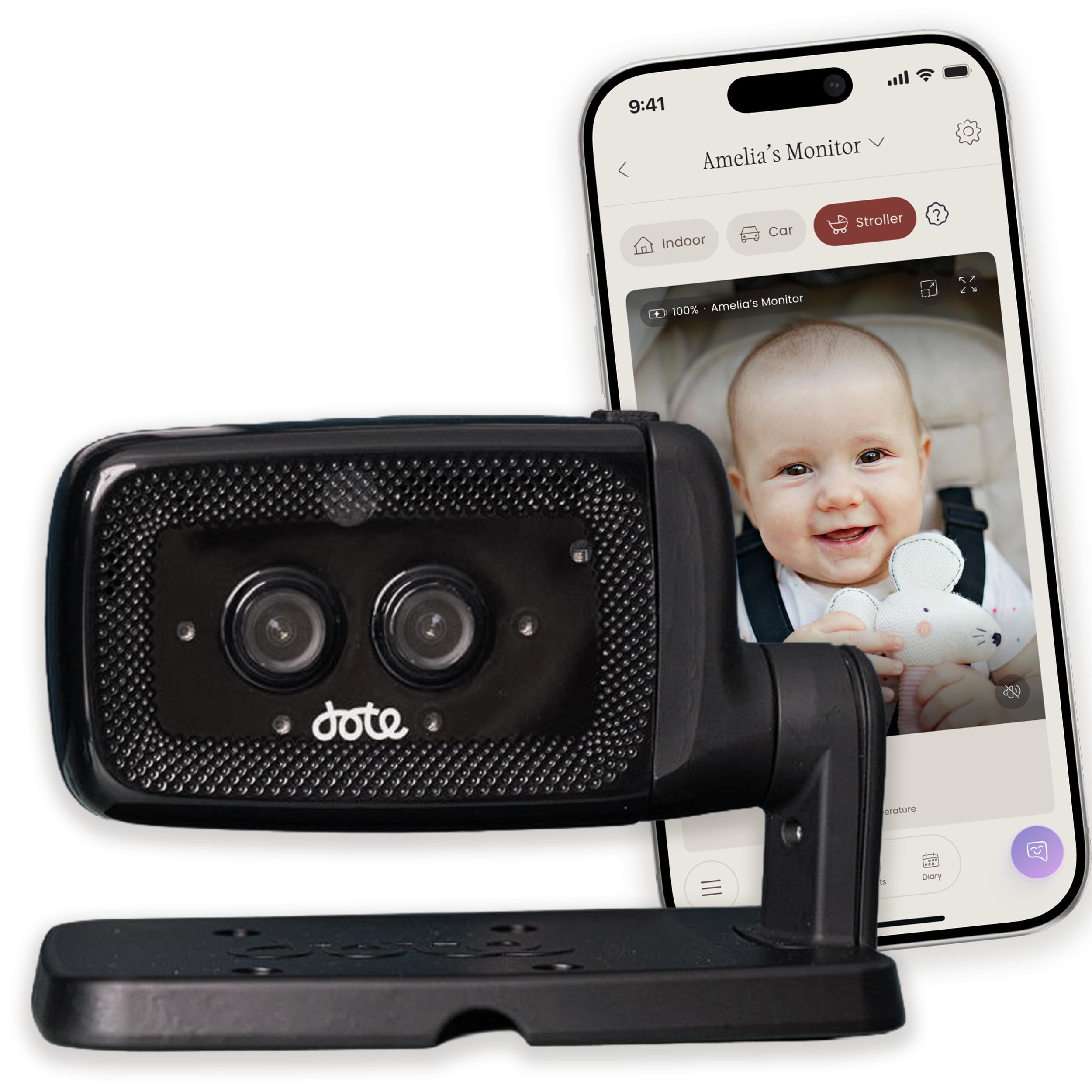 Dote Baby Monitor with Camera and Night Vision - Portable Baby Camera for Home, Car, Stroller - 2.5K QHD WiFi - AI Parenting Assistant - Smart Cry Detection - Newborn Travel Monitor