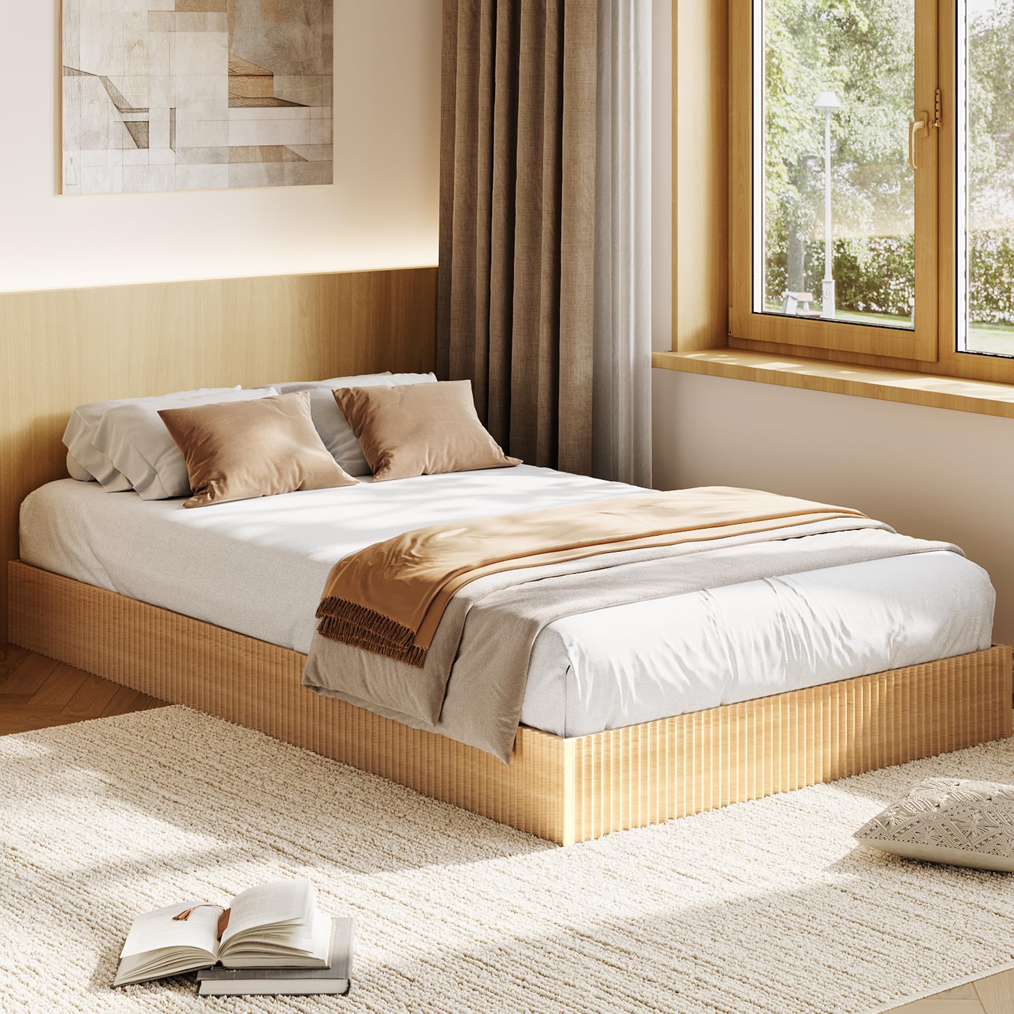IDEALHOUSE Wood Bed Frame, Wooden Platform Bed with Fluted Design, Twin XL Bed Frame with Study Support, Easy Assembly, No Box Spring Needed, Noise Free, Oak