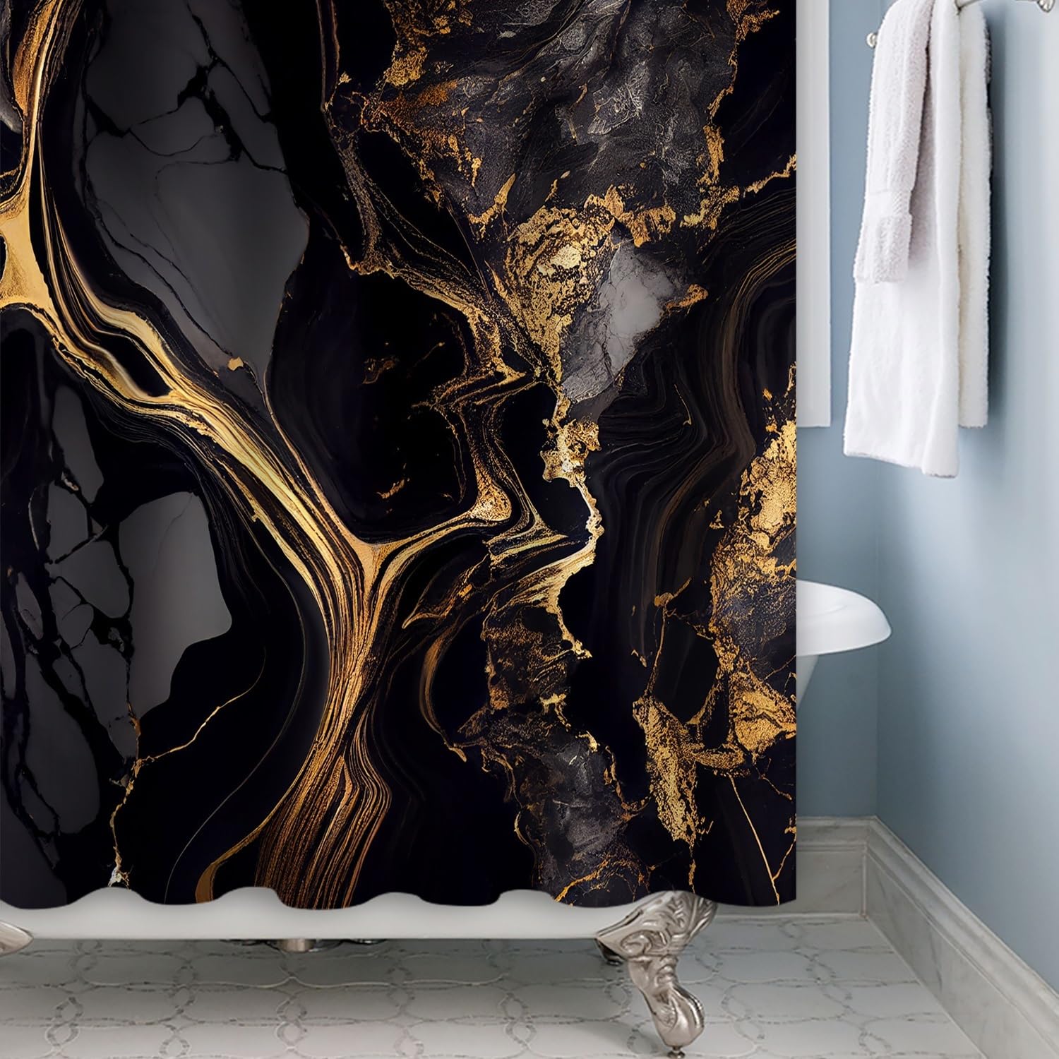 Xiaoterna Marble Shower Curtain Abstract Black Gold Marble Bathroom Curtain Gold Powder Sparkling Modern Luxury Marble Shower Curtain Machine Washable Waterproof Fabric 150x180cm - Image 4