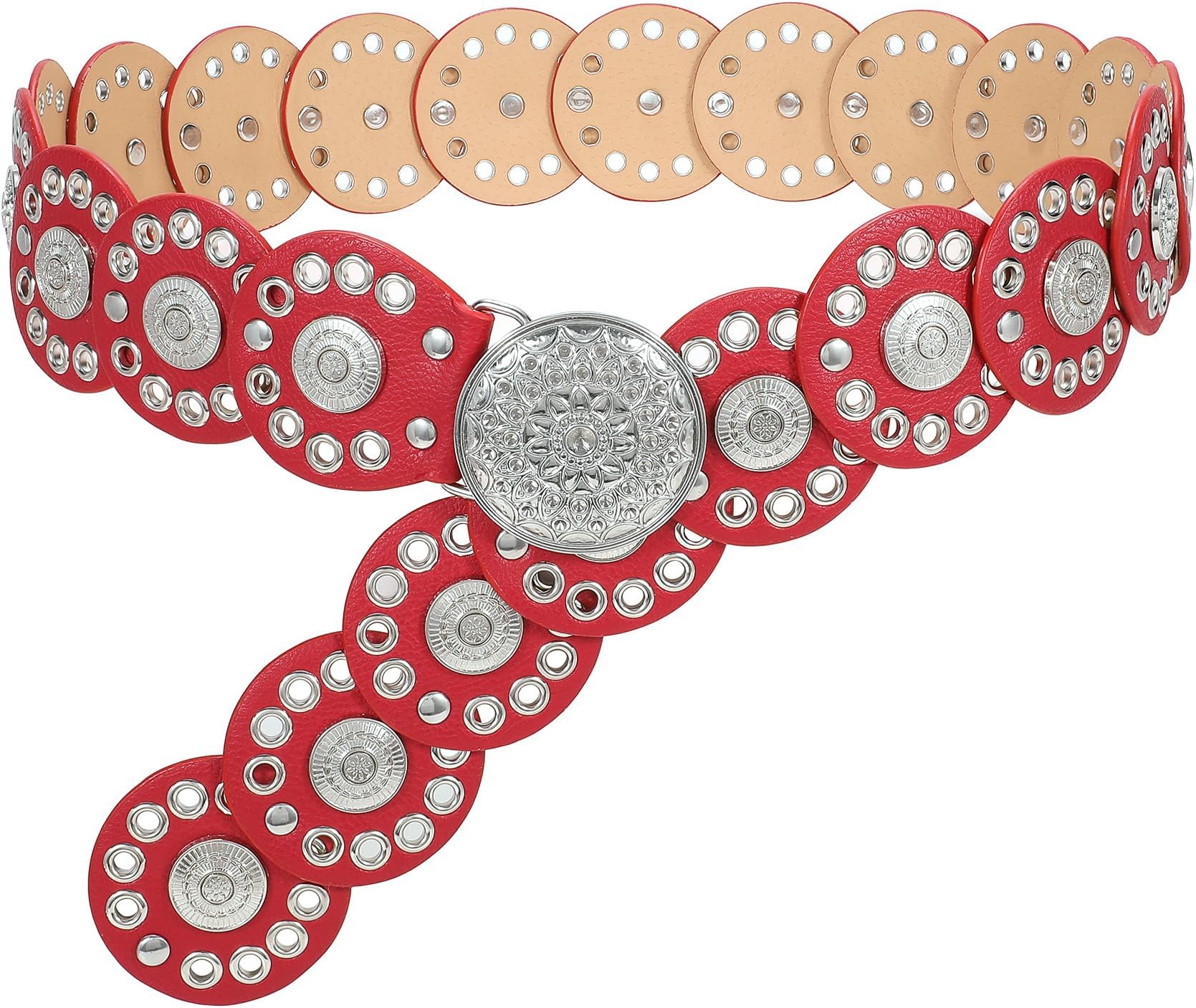 WHIPPYWestern Belts for Women Vintage Disc Waist Belts Concho Leather Belts Boho Waist Belt for Dress Jeans