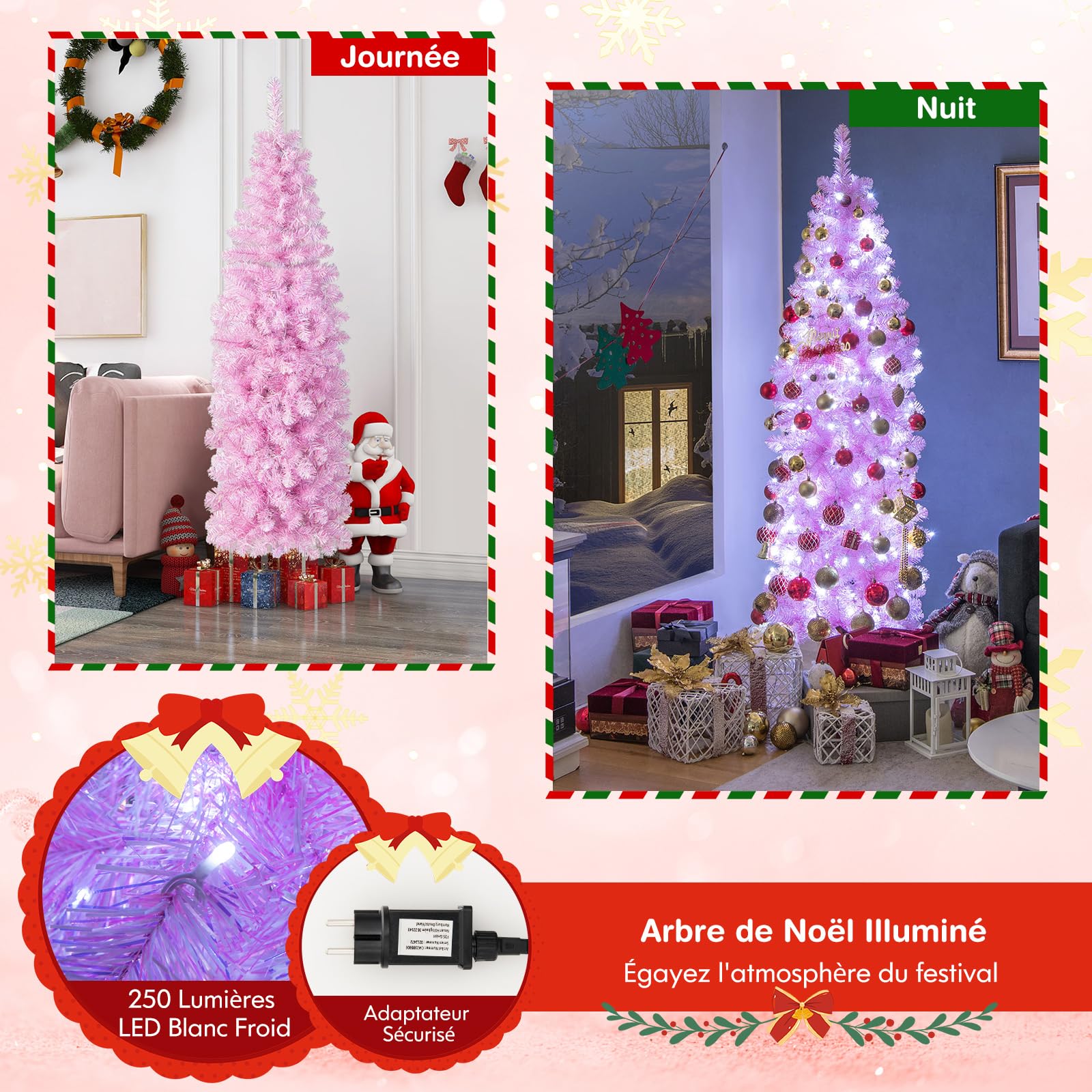 COSTWAY Sapin de Noël Artificiel Pré-éclairé de 180 CM, Arbre de Noël en Forme de Crayon avec 475 Pointes de Branches et 250 Lumières LED Blanc Froid, Support en Métal Pliable, Rose