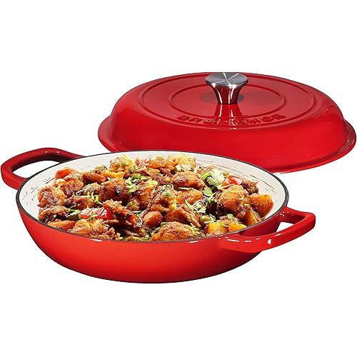 Bruntmor 3.8 Quart Enamel Cast Iron Dutch Oven With Handles And Lid, 3.8 Qt Gradient Red Cast Iron Skillet, Enamel Shallow Cookware Braising Pan For Casserole Dish, Crock Pot Covered With Cast Iron