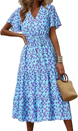 PRETTYGARDEN Summer Floral Dress for Women 2025 Casual Boho Short Sleeve Maxi Dresses V Neck Tiered Flowy Beach Sundress