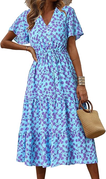 PRETTYGARDEN Summer Floral Dress for Women 2025 Casual Boho Short Sleeve Maxi Dresses V Neck Tiered Flowy Beach Sundress