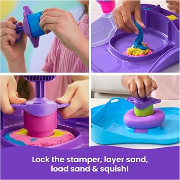 Kinetic Sand, SquishMotion Playset with 453g Pink, Yellow, Blue Play Sand, Stamper & 5 Tools, Reusable Storage Case, Sensory Toys for Kids Aged 5+