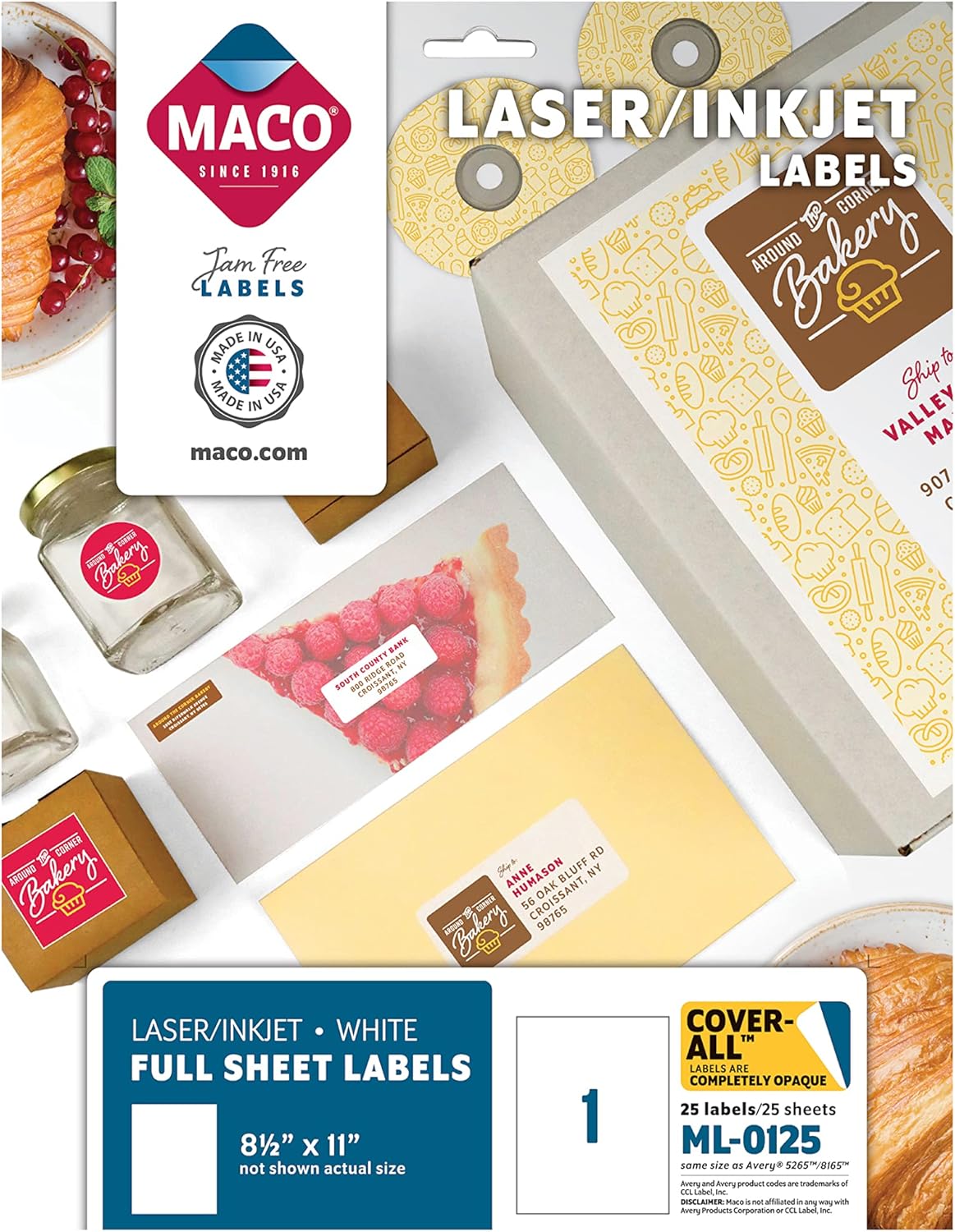 MACO Laser/Ink Jet White COVER-ALL Full Sheet Labels, 8-1/2 x 11, 1 per Sheet, 25 per Pack (ML-0125)