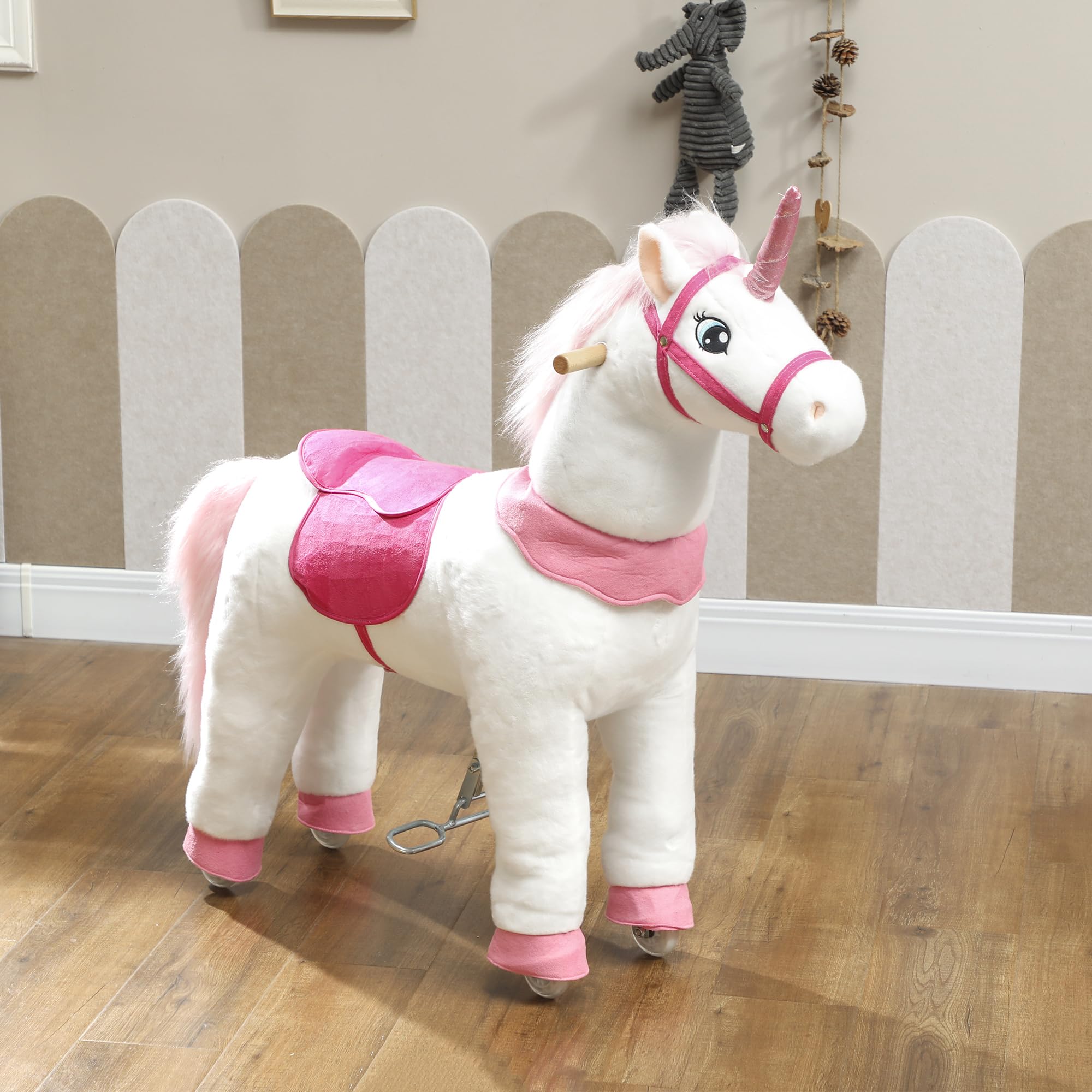 AIYAPLAY Reitpferd auf Rollen Spielpferd zum Reiten Stehpferd mit Einhorn-Design, Plüschpferd für 4-7 Kinder Weiß