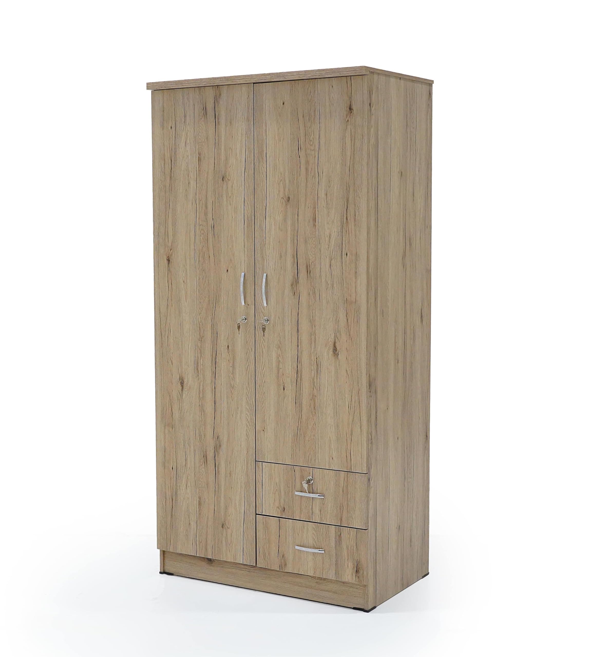 NAD TWO DOOR WOODEN WARDROBE/LOCKER/STORAGE/CABINET,TWO LOCKABLE DOOR & TWO LOCKABLE DRAWERS, PLAIN ELEGANT DESIGN WITH 3 SHELVES, COLOR ASH