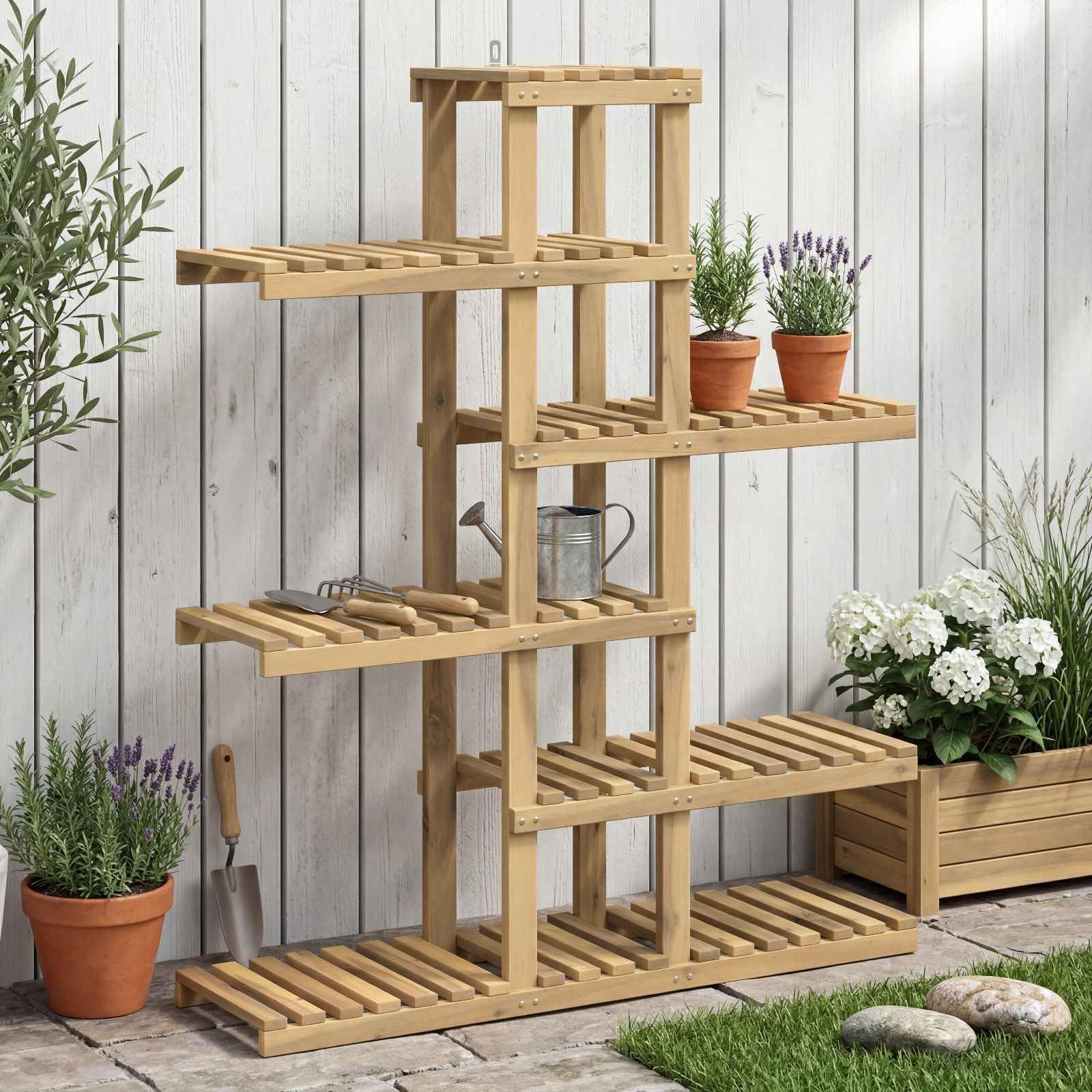 vidaXL Supporto per piante Bianco 93 x 25 x 114,5 cm, Supporto per piante in legno di acacia, decorazione moderna per giardino, espositore elevato per patio e balcone
