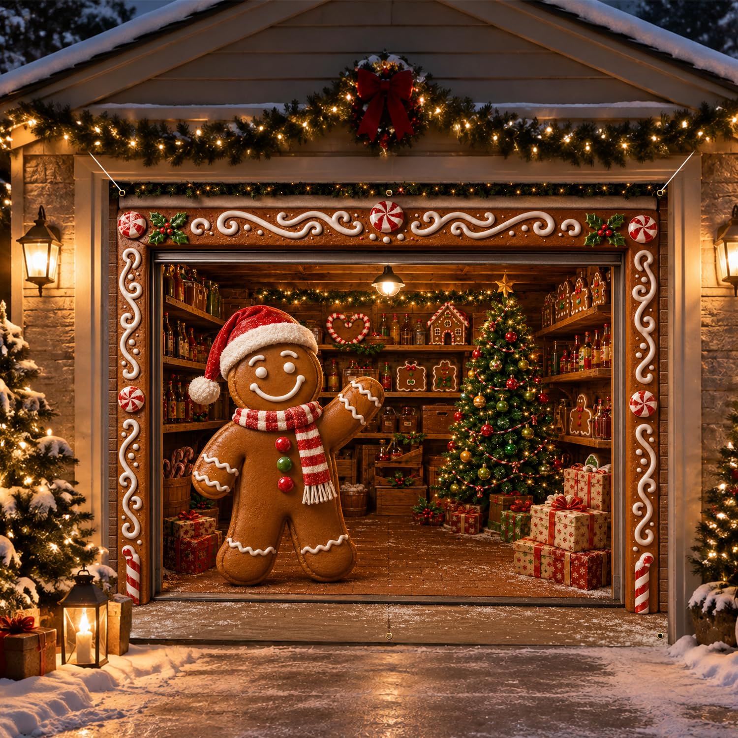 Gingerbread Garage Door Banner 7 x 8 ft for Outdoor Christmas Decor
