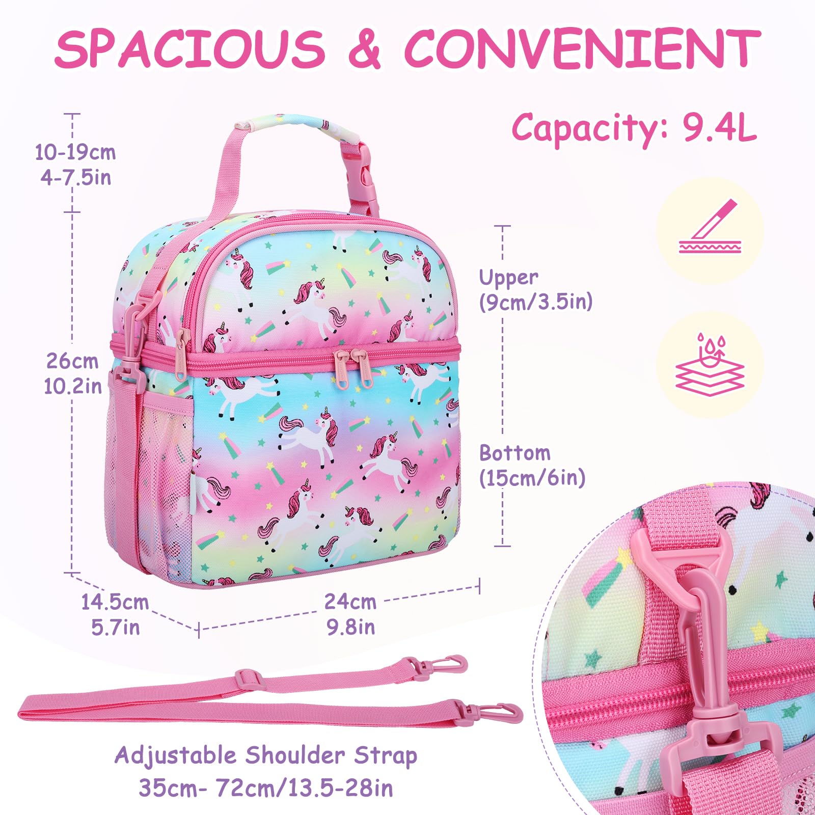 VASCHY Lunch Bag for Kids Insulated Lunch Box Double Compartments Cooler Lunch Tote for Toddlers Boys Girls School/Daycare/Picnic Rainbow Unicorn - Image 2
