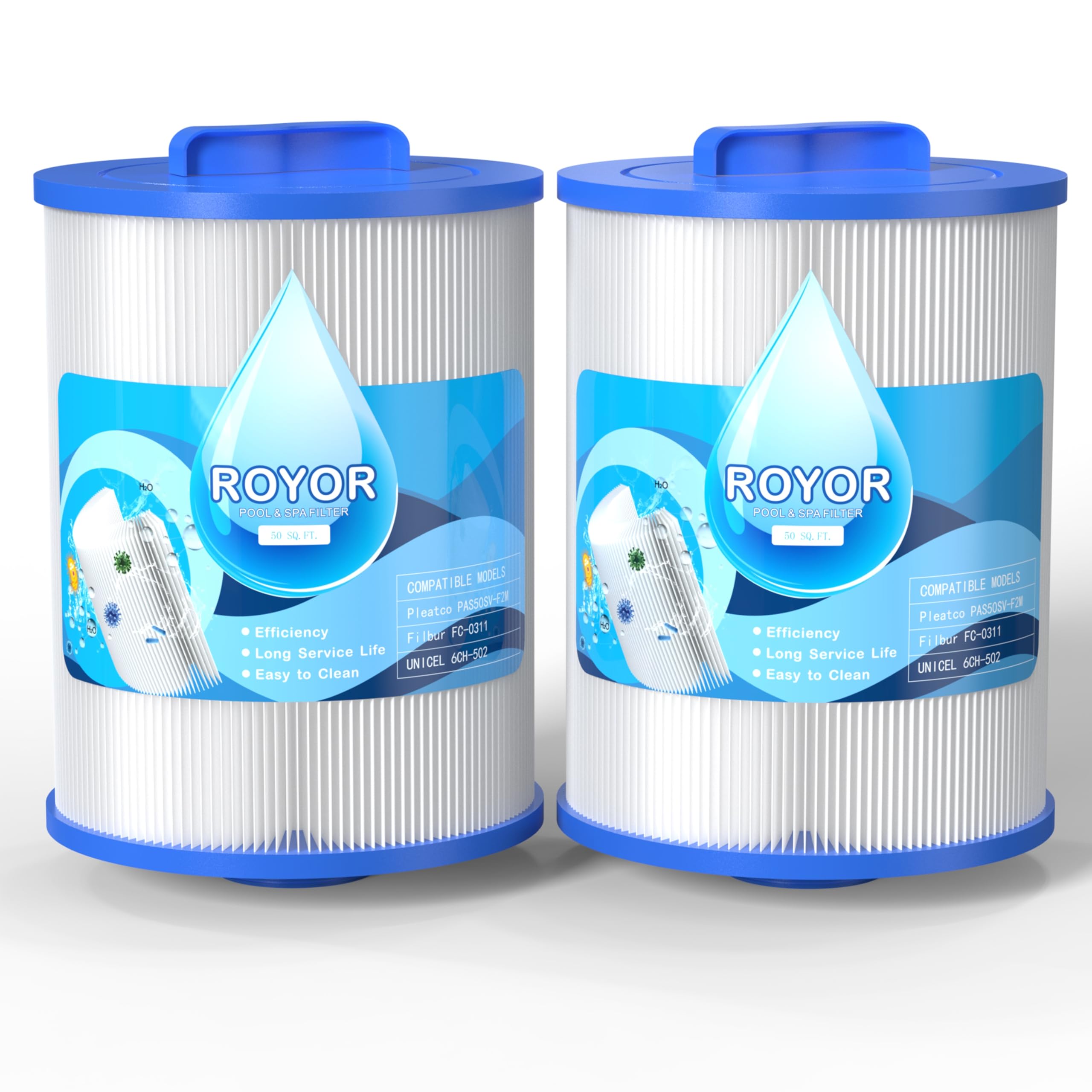 ROYOR PAS50SV Hot Tub Filter - Compatible with Excel Filters XLS-604 Artesian Spa Filters, Hot Tub Filter Replacement for Filbur FC-0311, 6CH-502, PAS50sv-F2M, 50 Sq.ft Artesian Spa Filter, 2 Pack