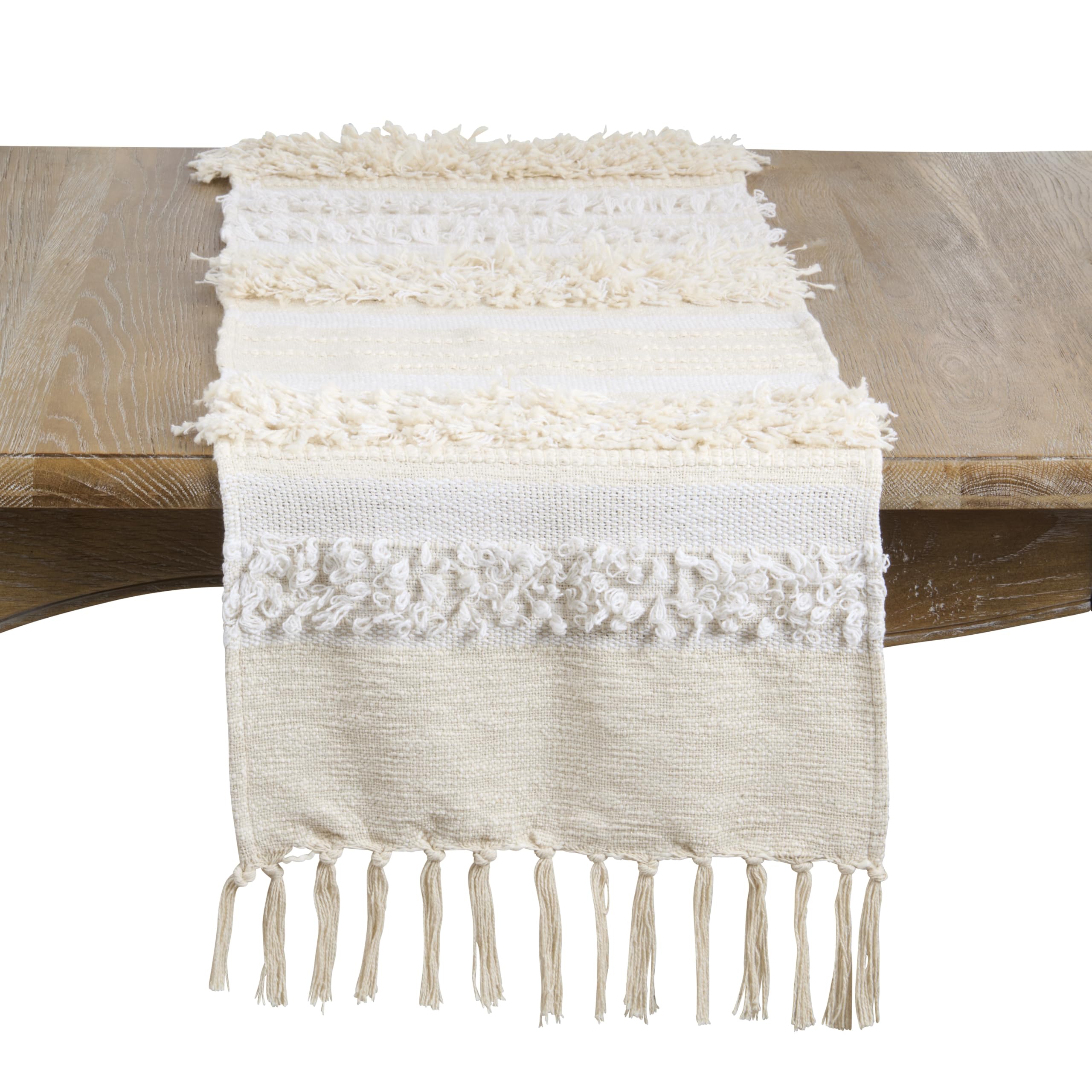 SARO LIFESTYLE Textured Fringe Table Runner - Decorative Cotton Table Runner for Everyday Dining Tables, Layered Farmhouse Tablescapes, and Casual Home Entertaining, 16"x72", Natural