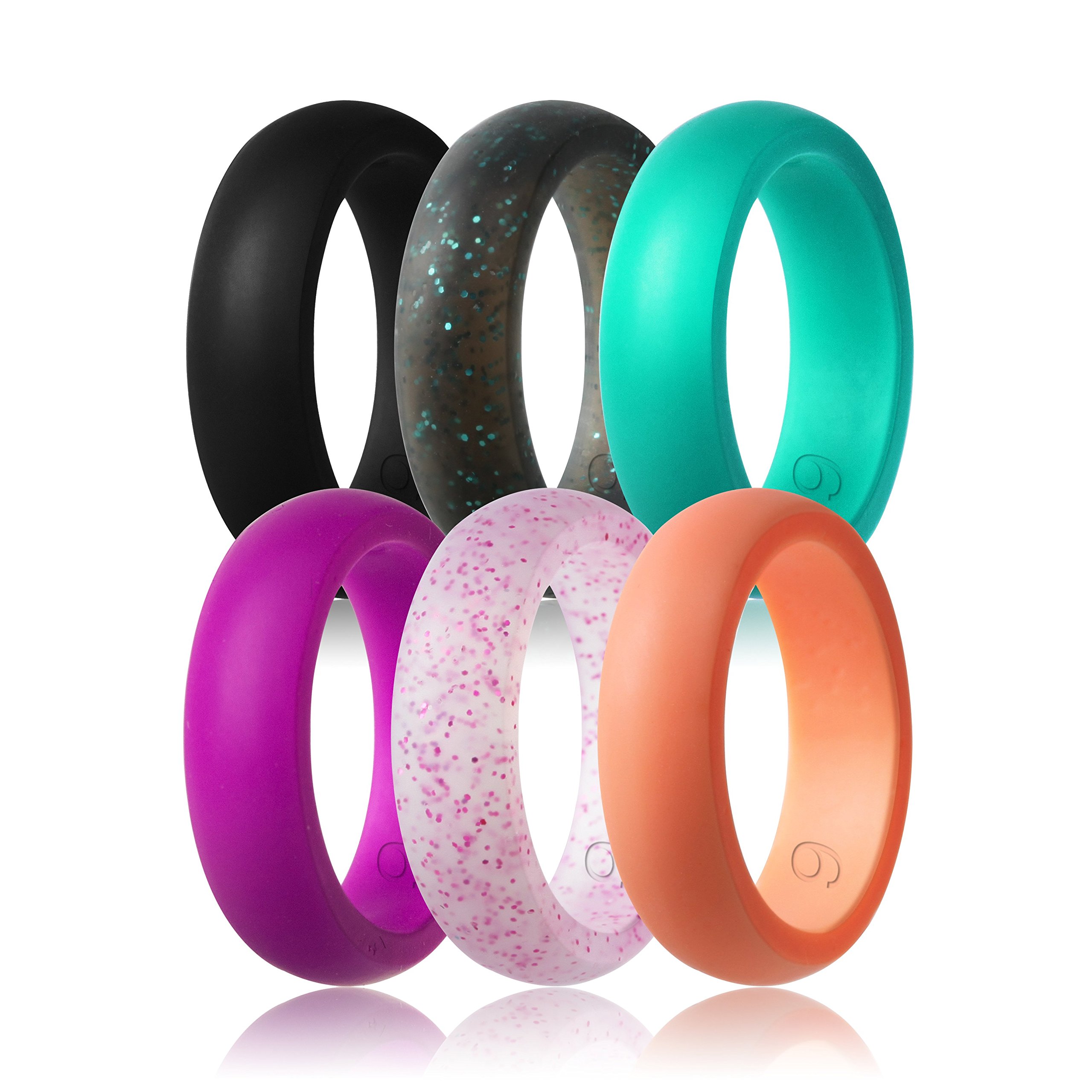beilove Silicone Wedding Ring for Women,Singles & 6 Pack(Black,Deep Purple,Turquoise,Grey Black with Turquoise Glitters,Purple Glitter and Blazing Orange,Size 8)