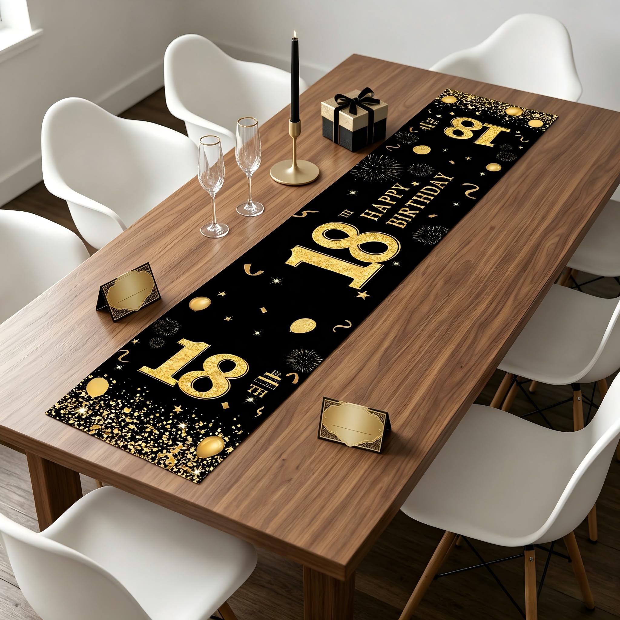 18th Birthday Decorations Table Runner - 70 Inch Long Black Gold Party Tablecloth with 'Happy 18th Birthday' Print, Waterproof Polyester Fabric for Adult Birthday Party Decor