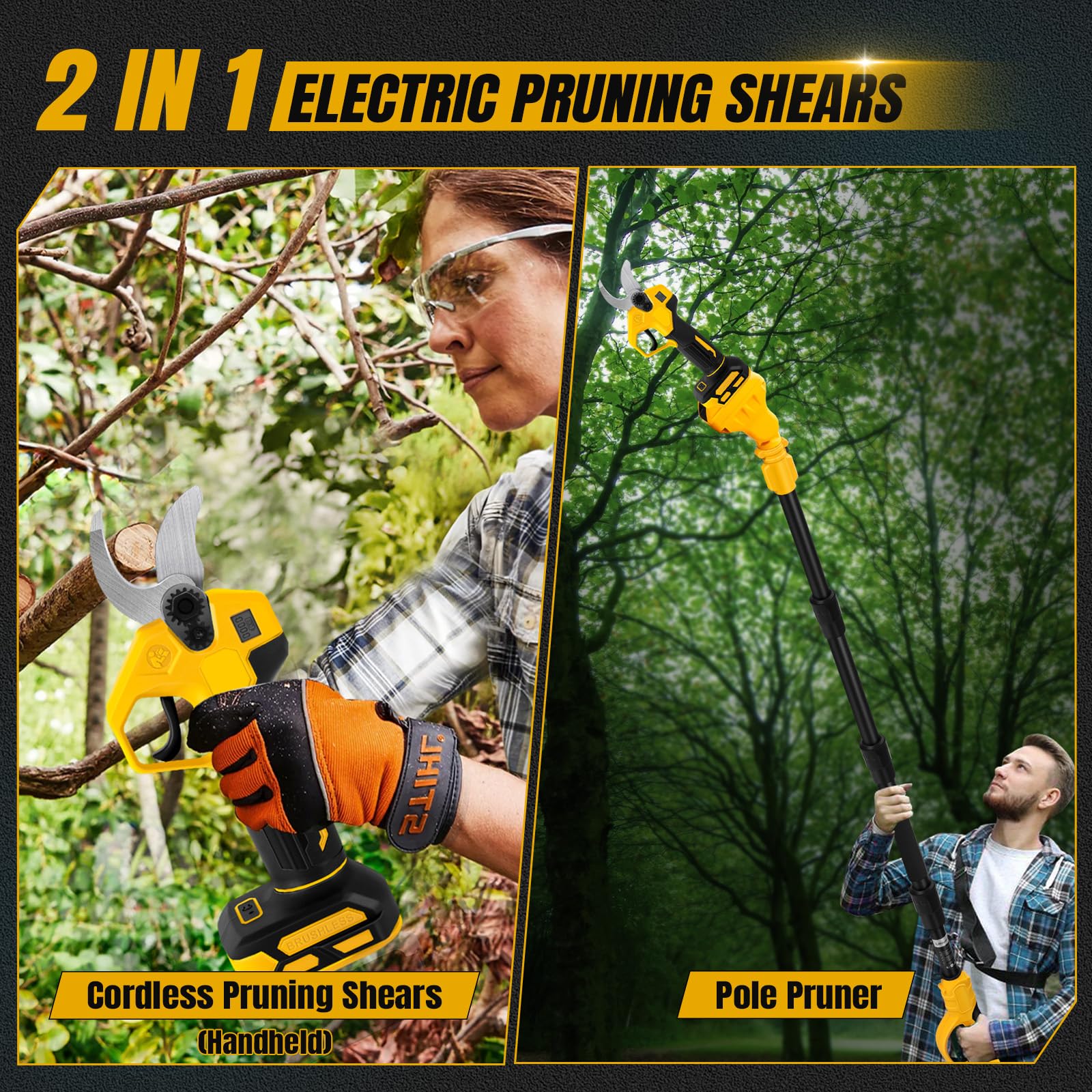 Tijeras de podar con batería compatibles con Dewalt 20 V, tijeras de podar eléctricas 2 en 1 con barra de extensión de 2 m, diámetro de corte máximo de 30 mm, pantalla LCD, tijeras de podar