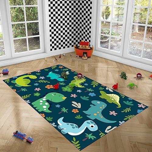 Miniatura 3 de Alfombras de dinosaurio para dormitorio de niños, alfombras de dinosaurios de dibujos animados, alfombras divertidas de dinosaurio para sala de