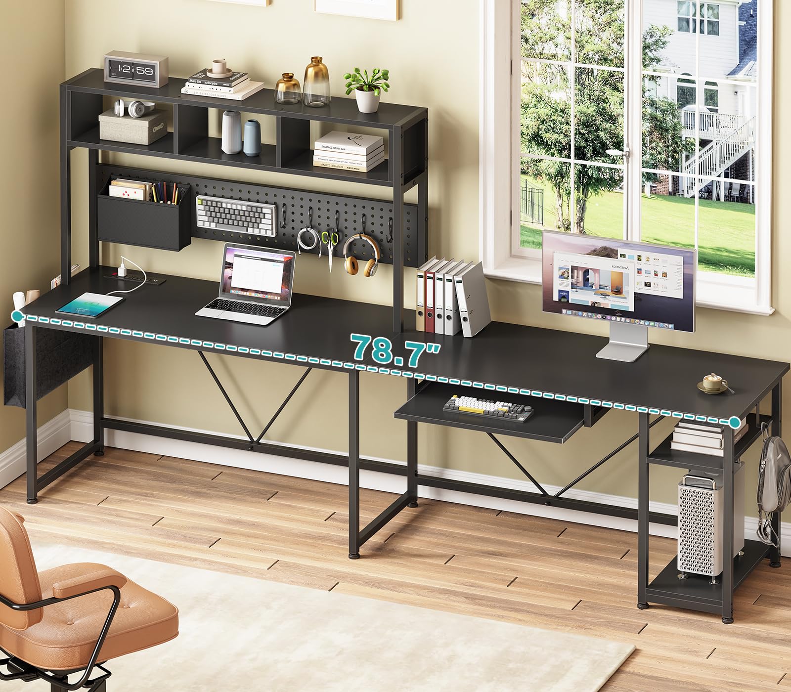 SEDETA L Shaped Gaming Desk with Hutch, 57.5” Reversible Home Office Desk with Power Outlet and Pegboard, Gaming Computer Desk with Keyboard Tray and LED Lights and Storage, Grey