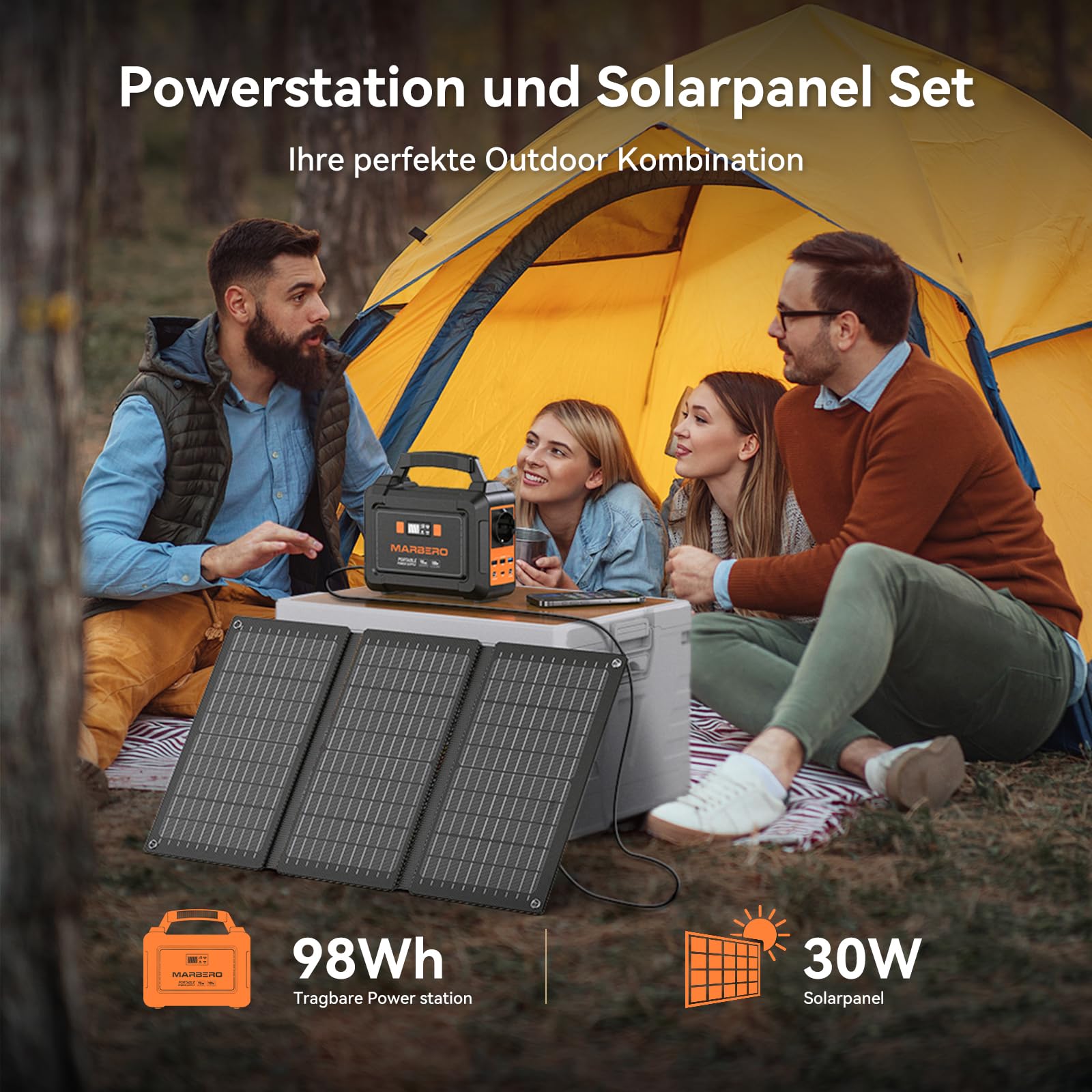 MARBERO Portable Power Station 98Wh mit 30W faltbarem Solar Panel 150W Solargenerator Outdoor Batterie mit DC Ausgängen für Wohnmobil Road Trip Abenteuer Camping Zuhause Stromausfall Notfall
