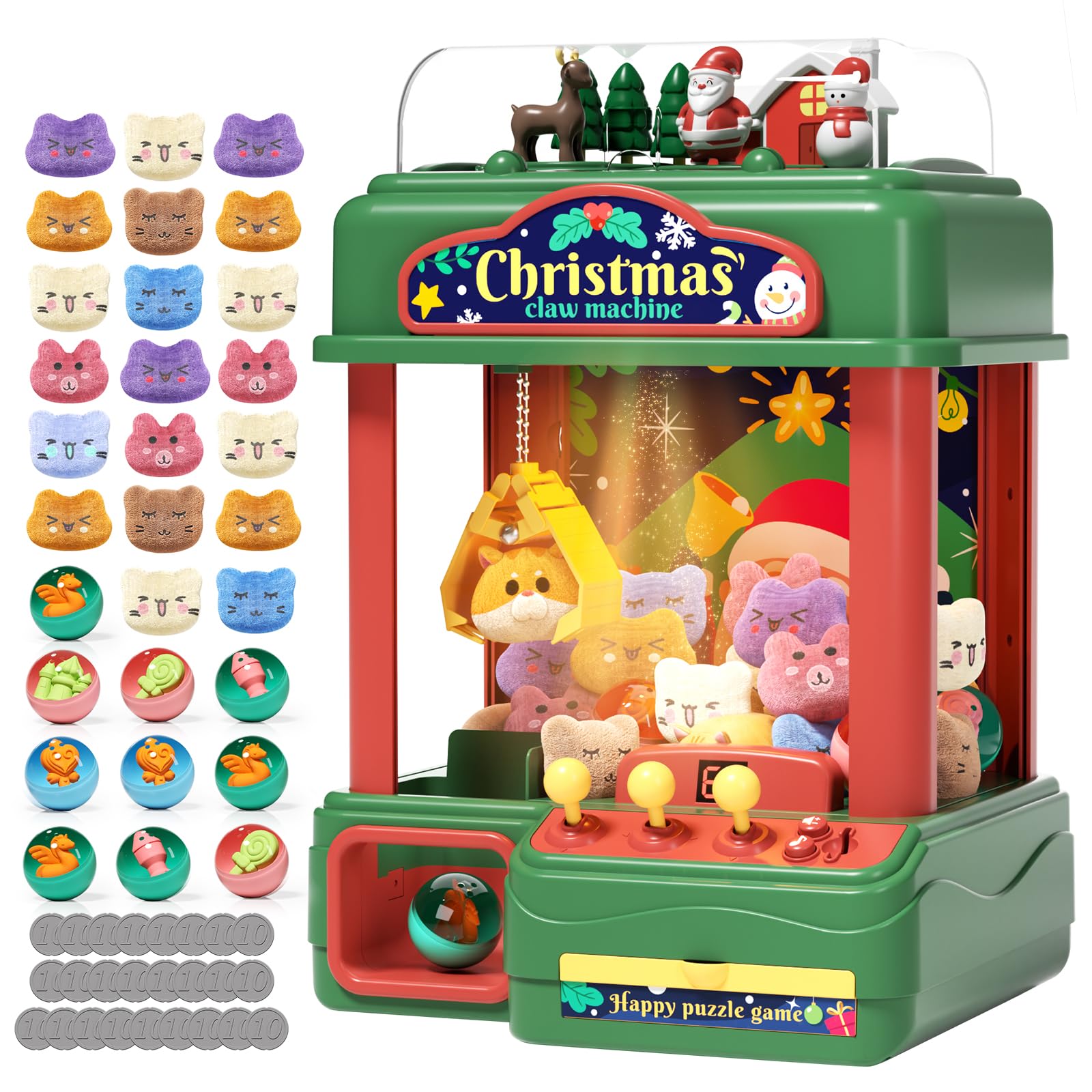 AiqiChristmas Kids Claw Machine,Large Candy Vending Grabber,Prize Dispenser Toys for Girls Boys,Electronic Claw Game Machine for Party Birthdays with Lights Sound,Includes 30 Toys and 25 Game Coins