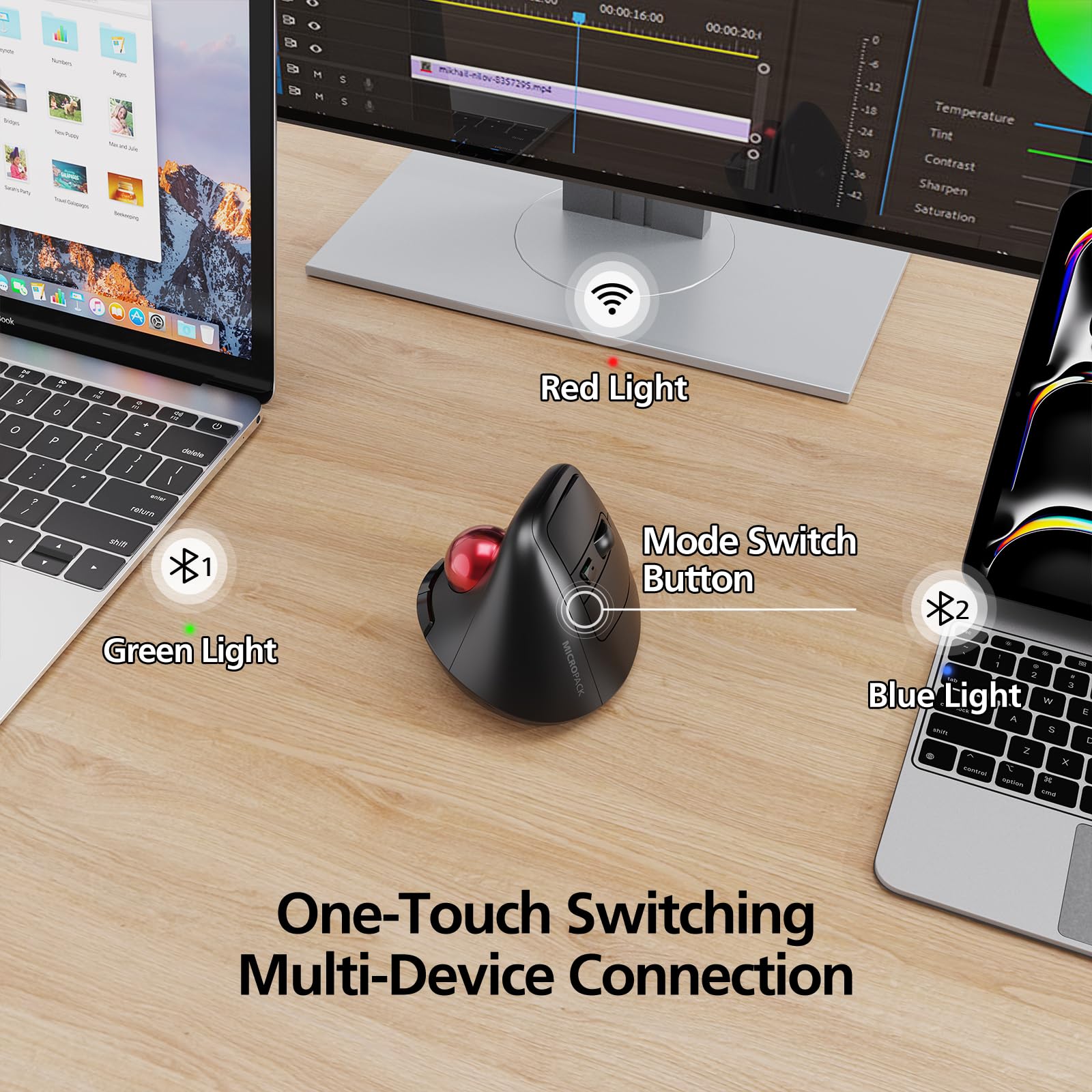 MicroPack Ergonomiczna mysz bezprzewodowa z trackballem i 5 regulowanymi DPI, łatwe sterowanie kciukiem, precyzyjne i płynne śledzenie. Aktualizacja Bluetooth średniej wielkości mysz praworęczna do