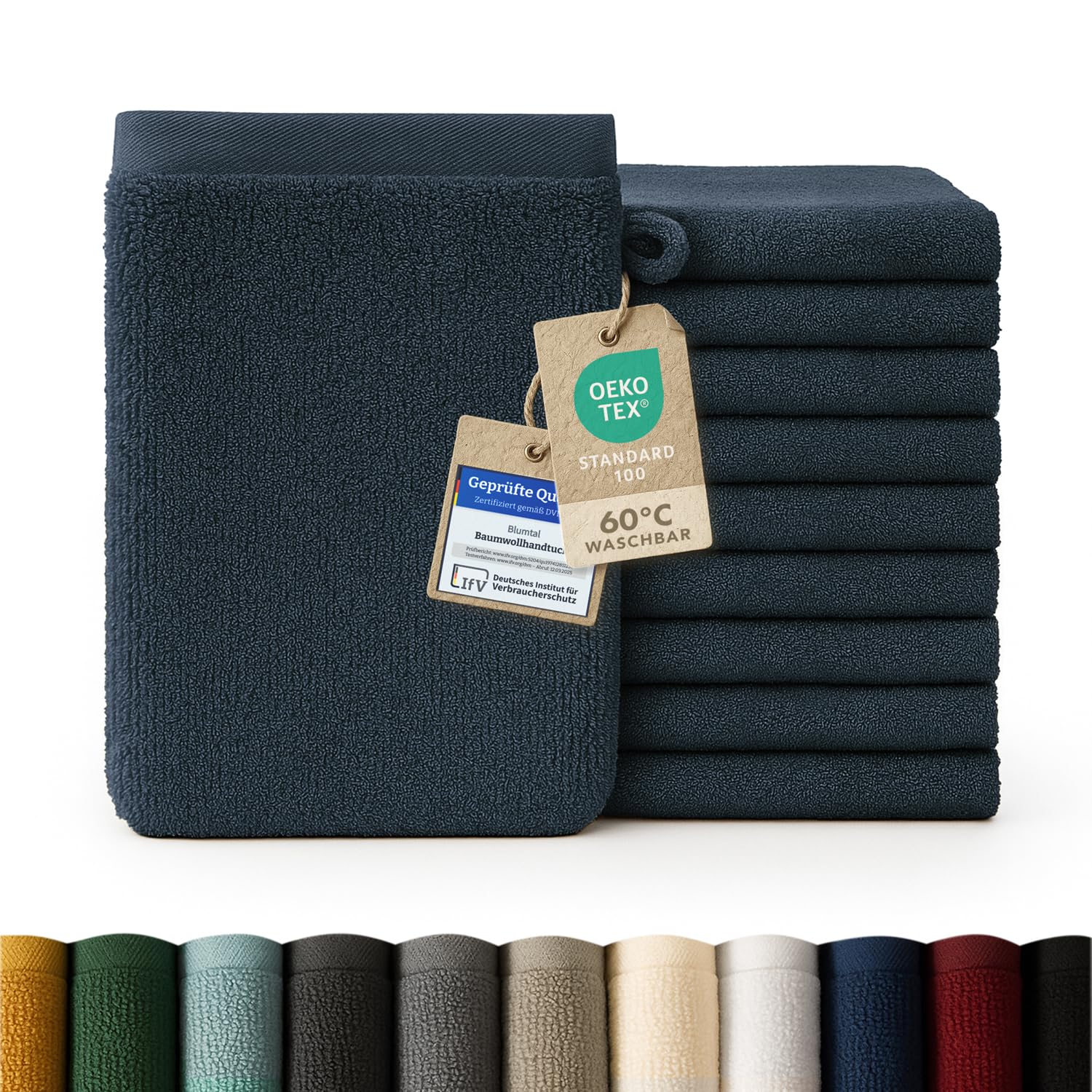 Blumtal Premium Frottier Waschlappen Set 10 teilig 100% Baumwolle - Oeko-TEX zertifizierte Waschlappen 10x (15x20 cm) - Ultra saugstarkes Frottier Seiftücher Set waschbar °60 - Seiflappen Dunkelblau