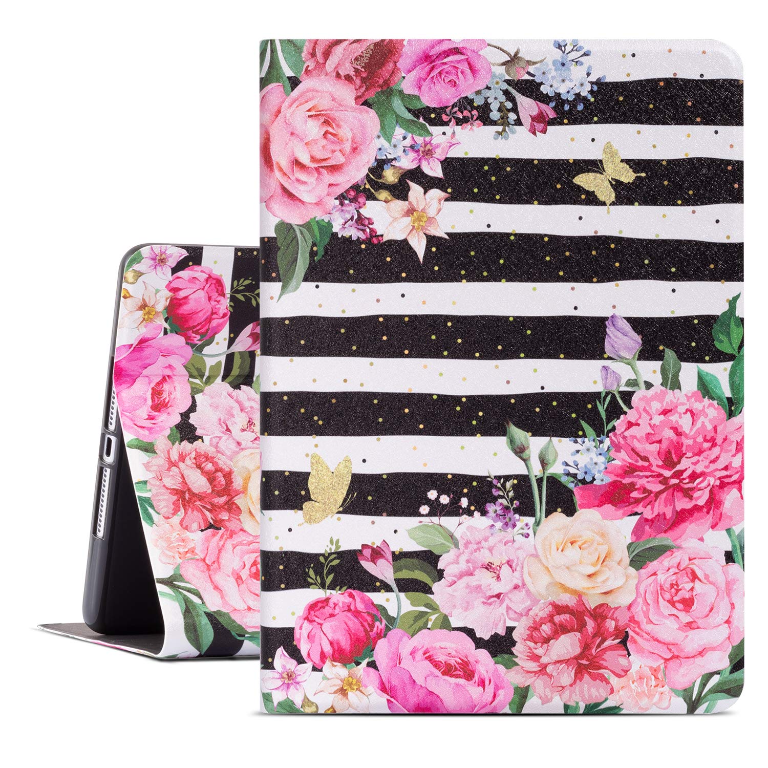 iPad Air 2 Case, 9.7 ipad 6th/ 5th Generation Cases, Premium Leather Folio Case and Multiple Viewing Angles Stand for iPad Air 2/1 (Black White Striped Flower)