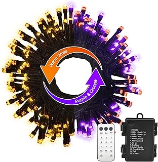 Orange and Purple Halloween 33ft 100 LED String Lights Battery Operated, Dual Color Changing Fairy Lights Black Wire with Remote Timer Outdoor Indoor Twinkle Lights for Xmas Halloween Tree Party Decor