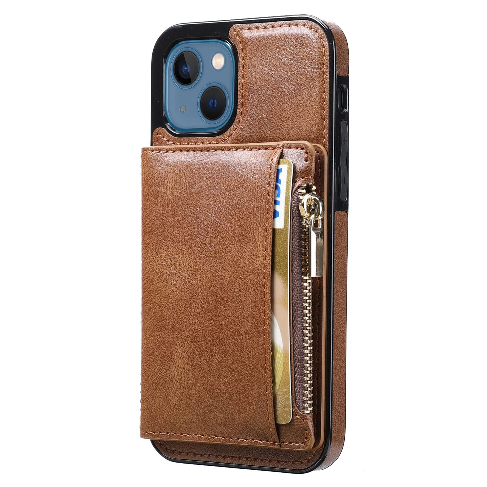 Wallet Case for iPhone 13/13 Mini/13 Pro/13 Pro Max, Retro Card Holder Slots Zipper Case PU Leather Magnetic Closure Kickstand TPU Shockproof,Brown,13pro 6.1"