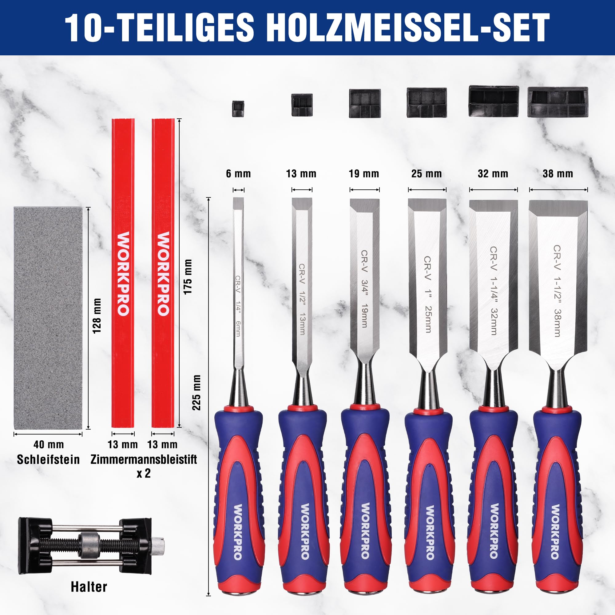WORKPRO Holzmeißel Set 10-tlg., Cr-V Stahl, 6 Stechbeitel, Koffer | 6 Stechbeitel 6–38mm, ergonomische Griffe, inkl. Schleifstein und 2 Bleistifte, ideal für Holzarbeiten