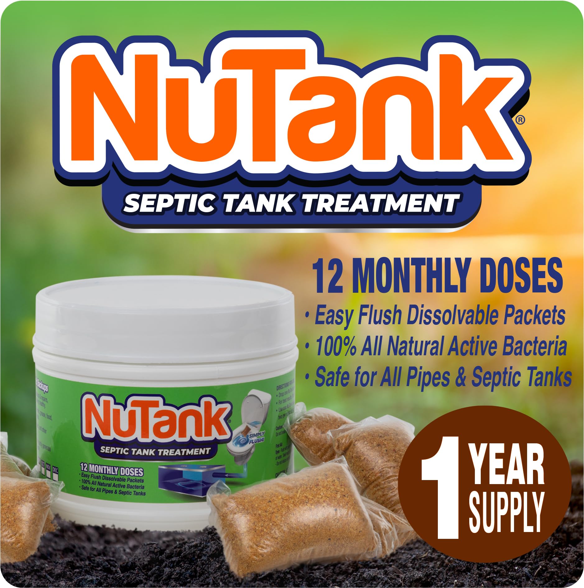 NuTank Septic Tank Treatment - 12 Dissolving Packets - 1 Year Supply of Septic Safe Enzyme Producing Packets - Helps Protect Against Costly Septic Backups - Made in USA