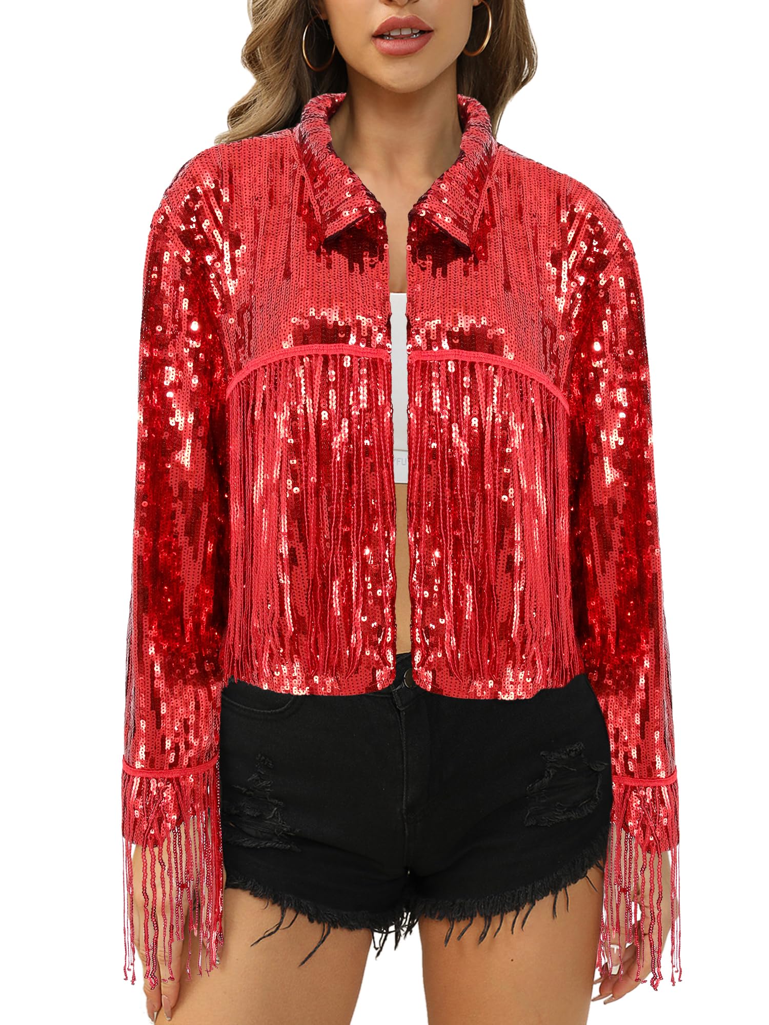 Segreto Womens Glitter Sequin Tassels Bomber Open Front Jacket Shiny Fringe Long Sleeve Coat Cardigan Blazer Disco Outfits
