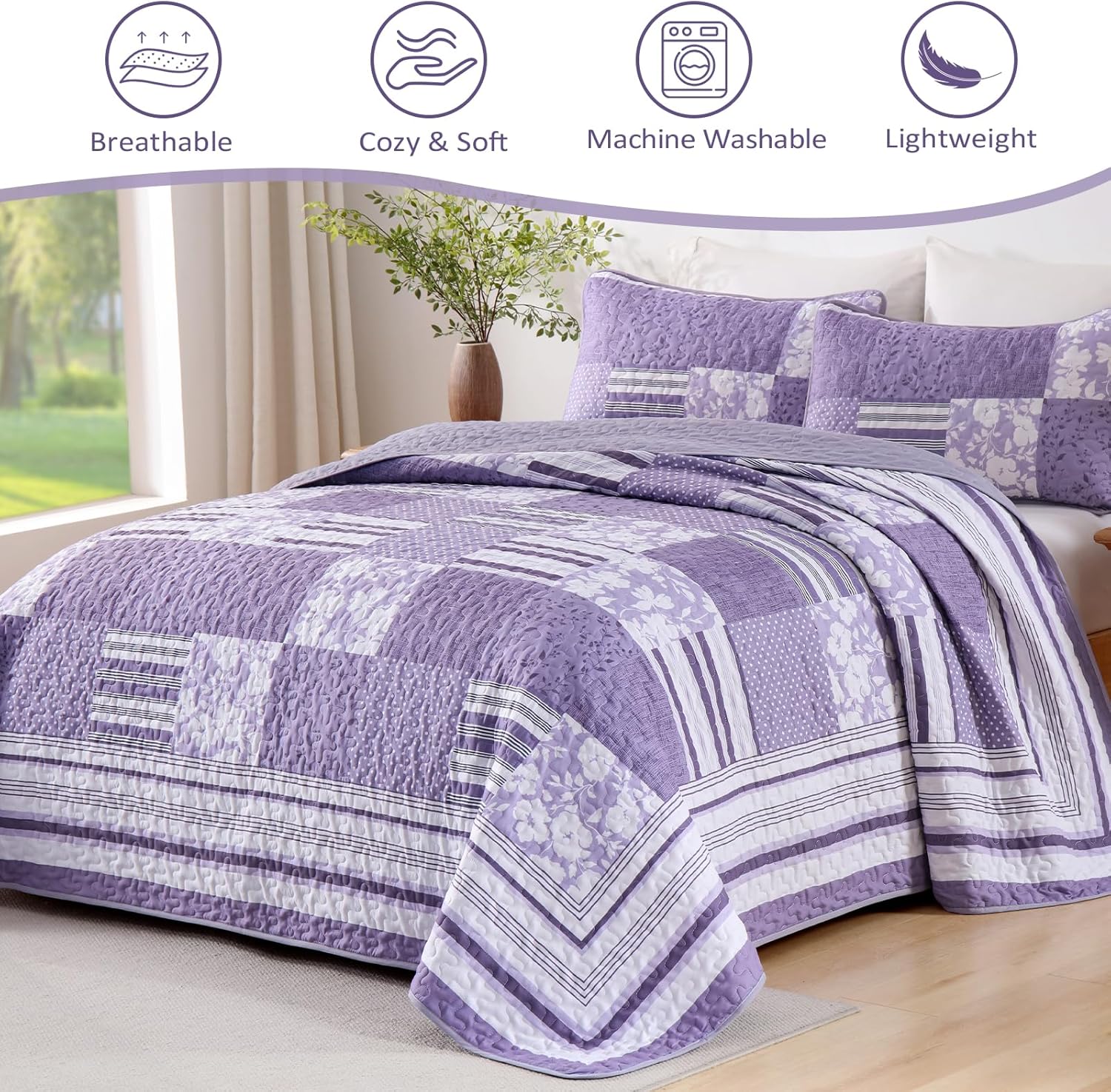 Drucon Quilt Set King Size, Purple Patchwork Pattern Spring Summer Bedspread Bedding Set, 3 Pieces Soft Chic Plaid Coverlet with 2 Pillow Shams for All Season 104x90 Inch
