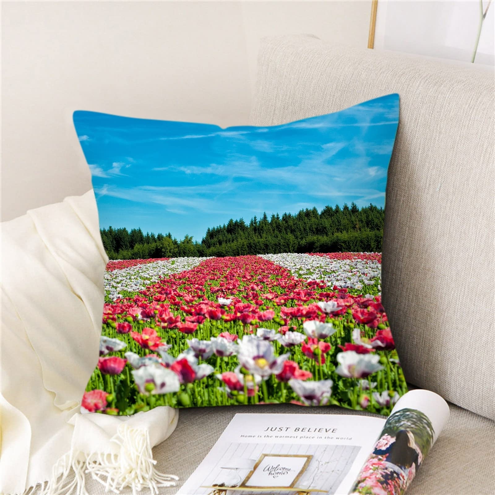 Fodera Cuscino Divano 45x45 Cm - Design Ramo Di Fiori, Nero E Rosso, Poliestere - Foto 7