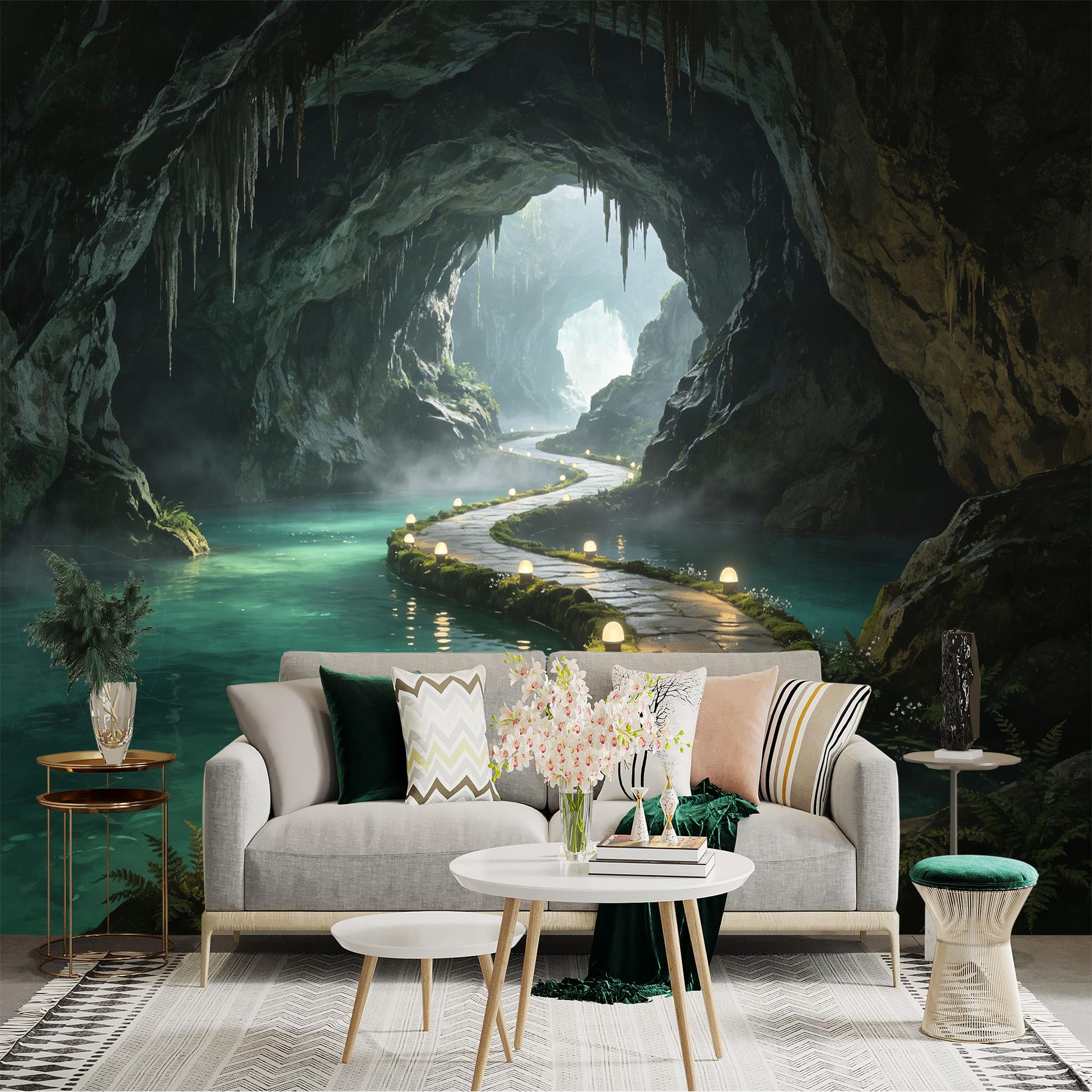 Custom Size Wall Sticker Mural， Mysterious Limestone Cave， Glowing Stone Pathway， Tranquil Underground Lake， Soft Ambient Lighting， for wall Decoration， peelandstick wall Decals.
